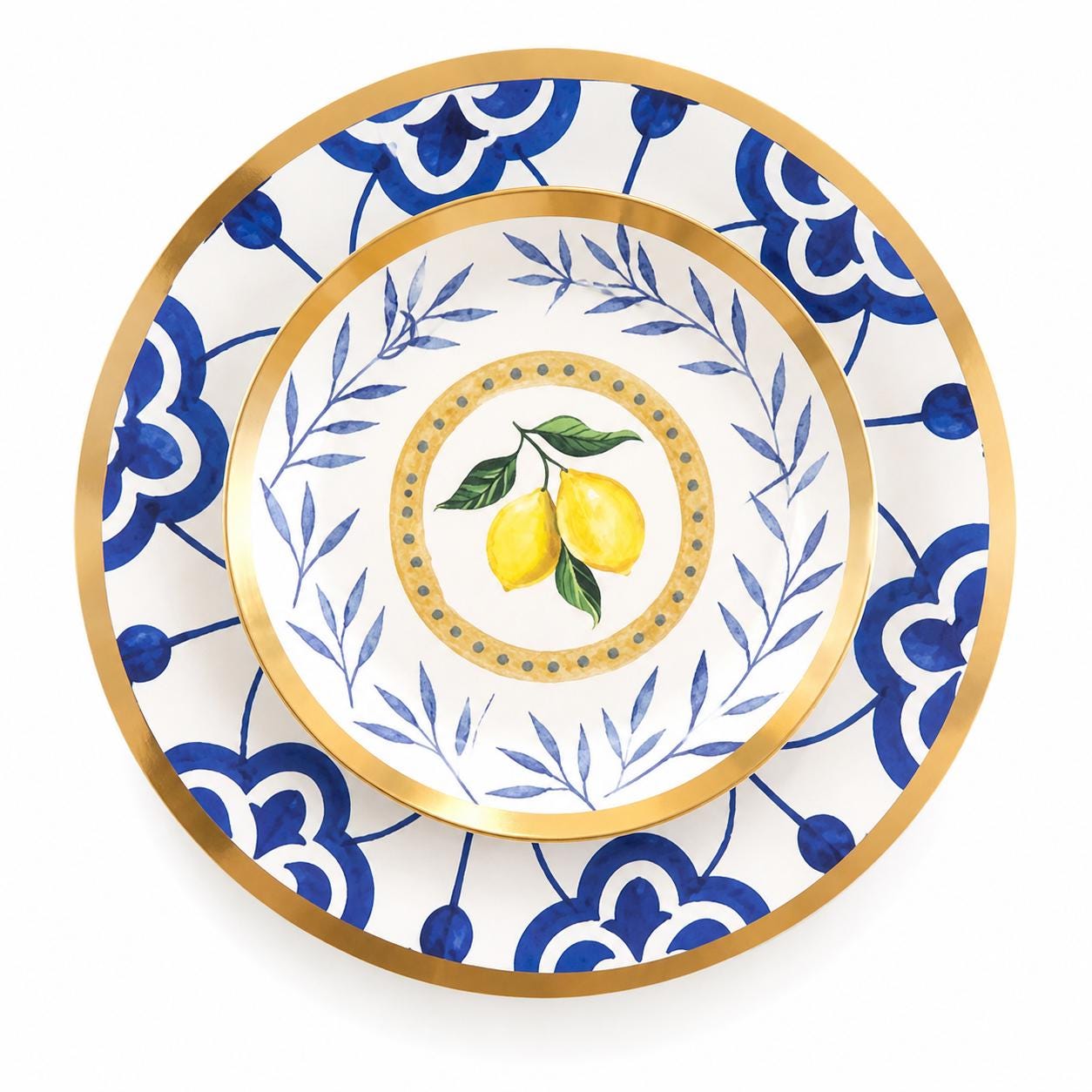 Lemon Blue Paper Plate Set Serves 8 Gold Rim Disposable Dinnerware Mediterranean Party Plates Dinner and Dessert Plates