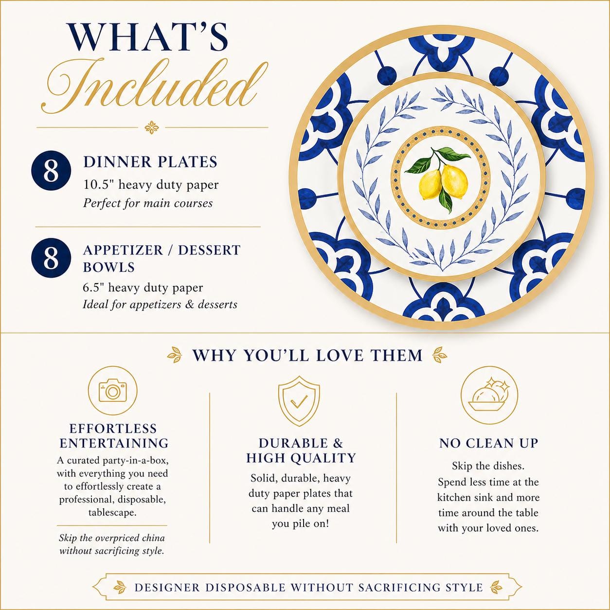 Lemon Blue Paper Plate Set Serves 8 Gold Rim Disposable Dinnerware Mediterranean Party Plates Dinner and Dessert Plates