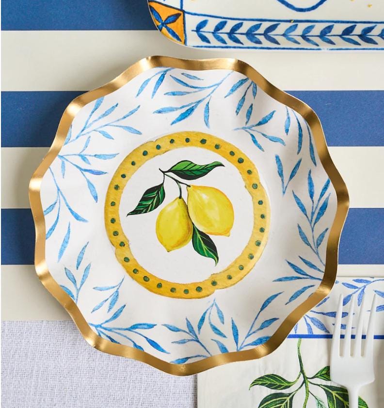 Lemon Blue Paper Plate Set Serves 8 Gold Rim Disposable Dinnerware Mediterranean Party Plates Dinner and Dessert Plates