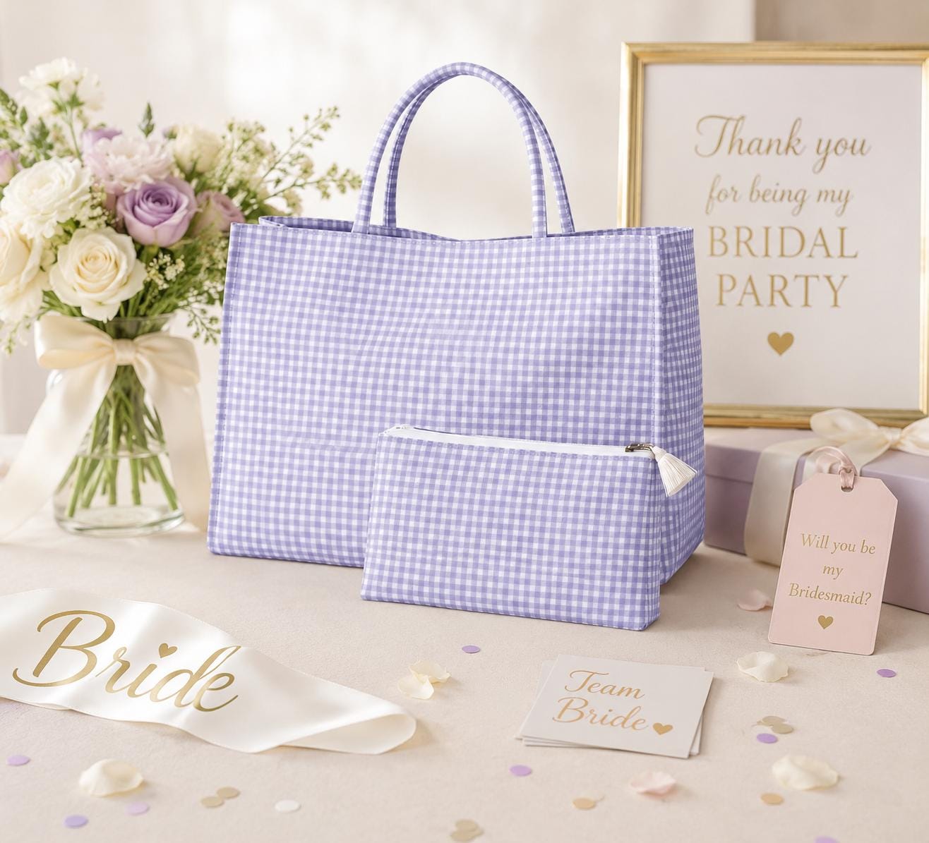 Blue Gingham Tote & Cosmetic Bag Set | Matching Travel & Everyday Essentials