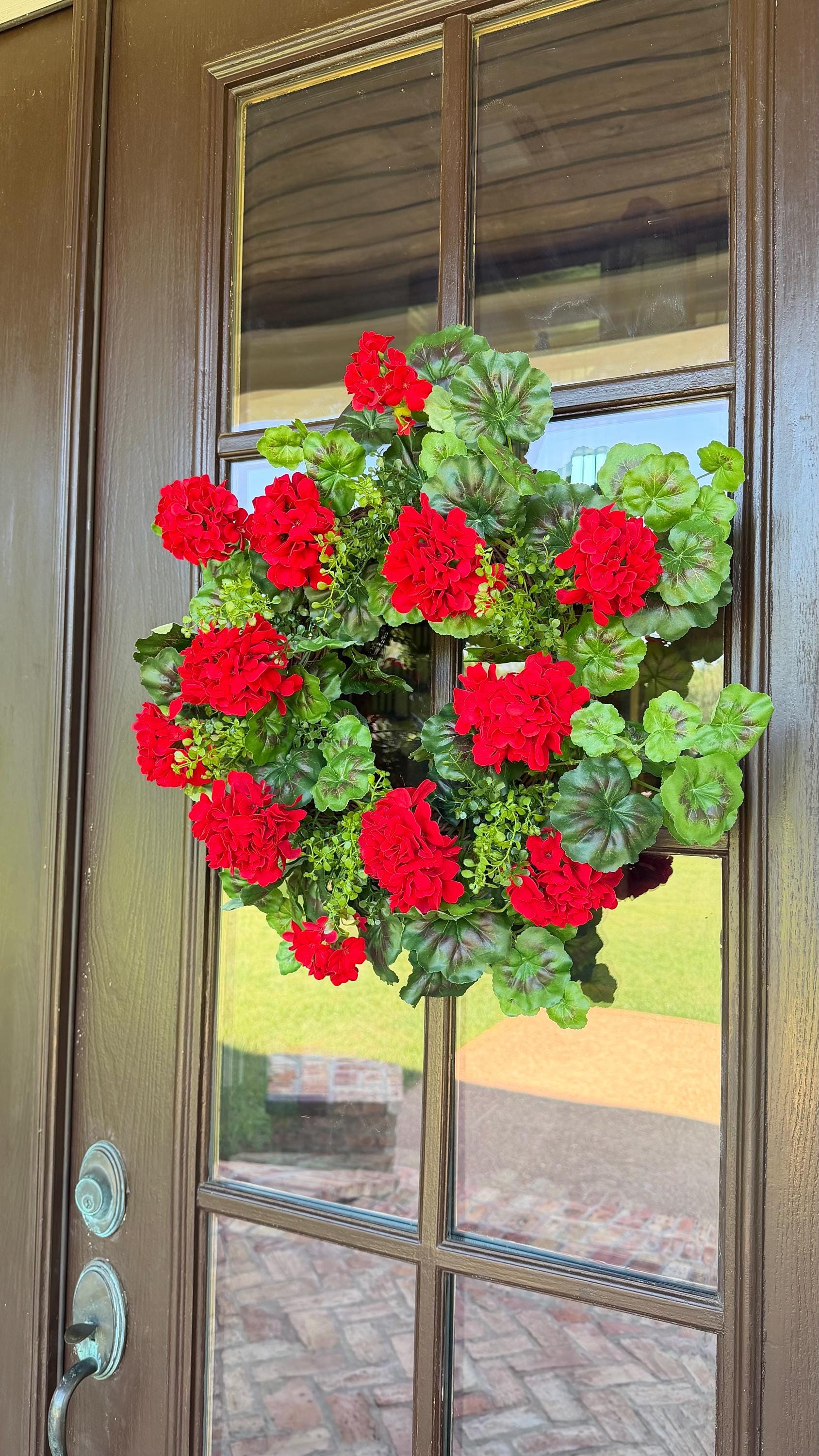 Geranium Wreath Decor for Front Door Summer Wreath 4th of July Wreath Faux Wreath Red Geranium Wreath Spring Wreath Mothers Day Gift