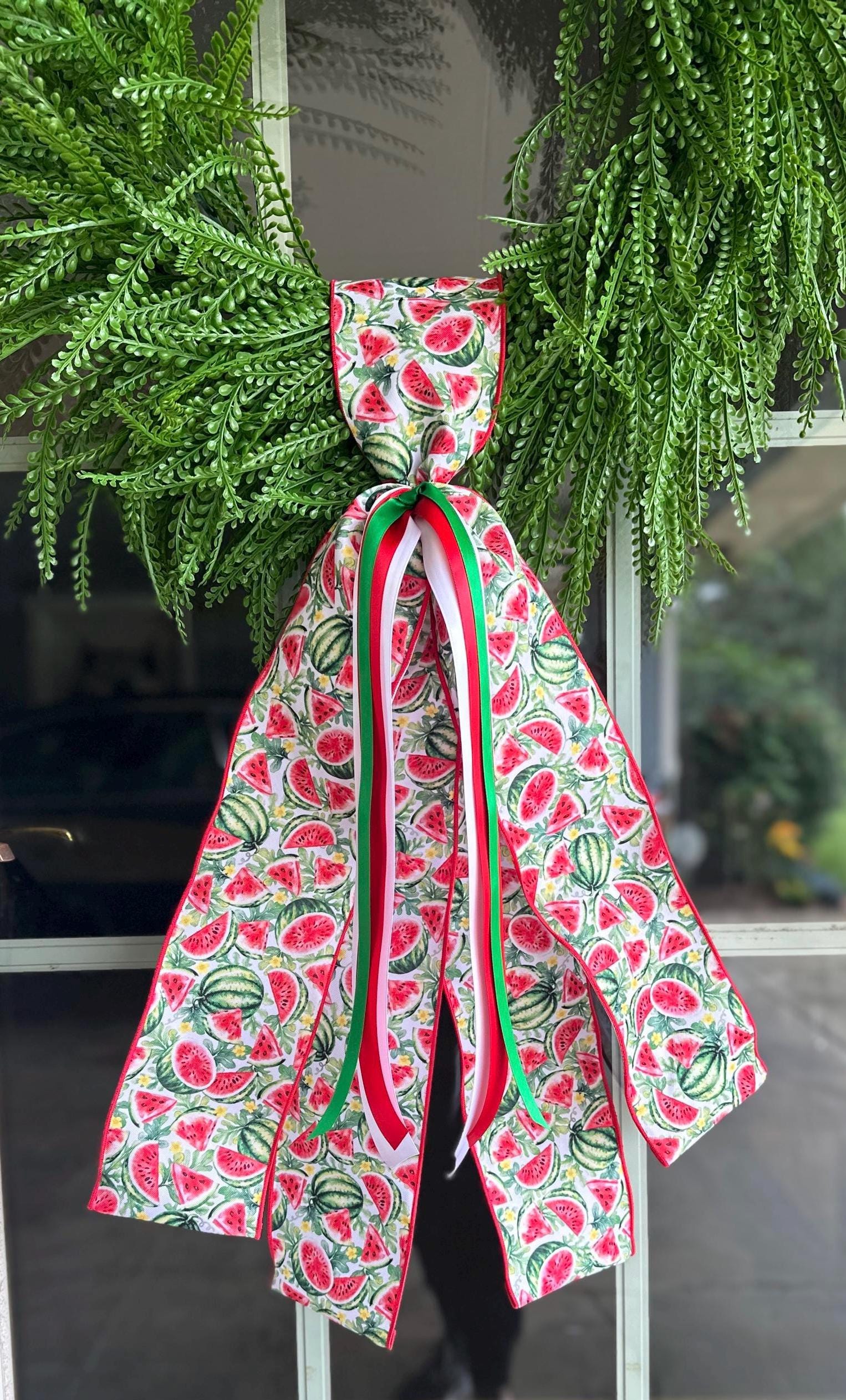 Watermelon Wreath Sash with Ribbon Spring Summer Front Door Decor Mother’s Day Gift for Her Red Green Ribbon Bow Accent