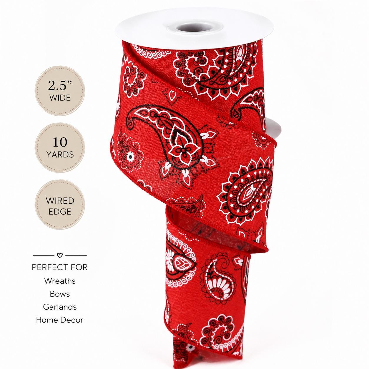 Red Bandana Ribbon, Western Ribbon, Rodeo Decor Ribbon, Cowboy Bandana Wired Ribbon, Paisley Ribbon for Wreaths & Bows