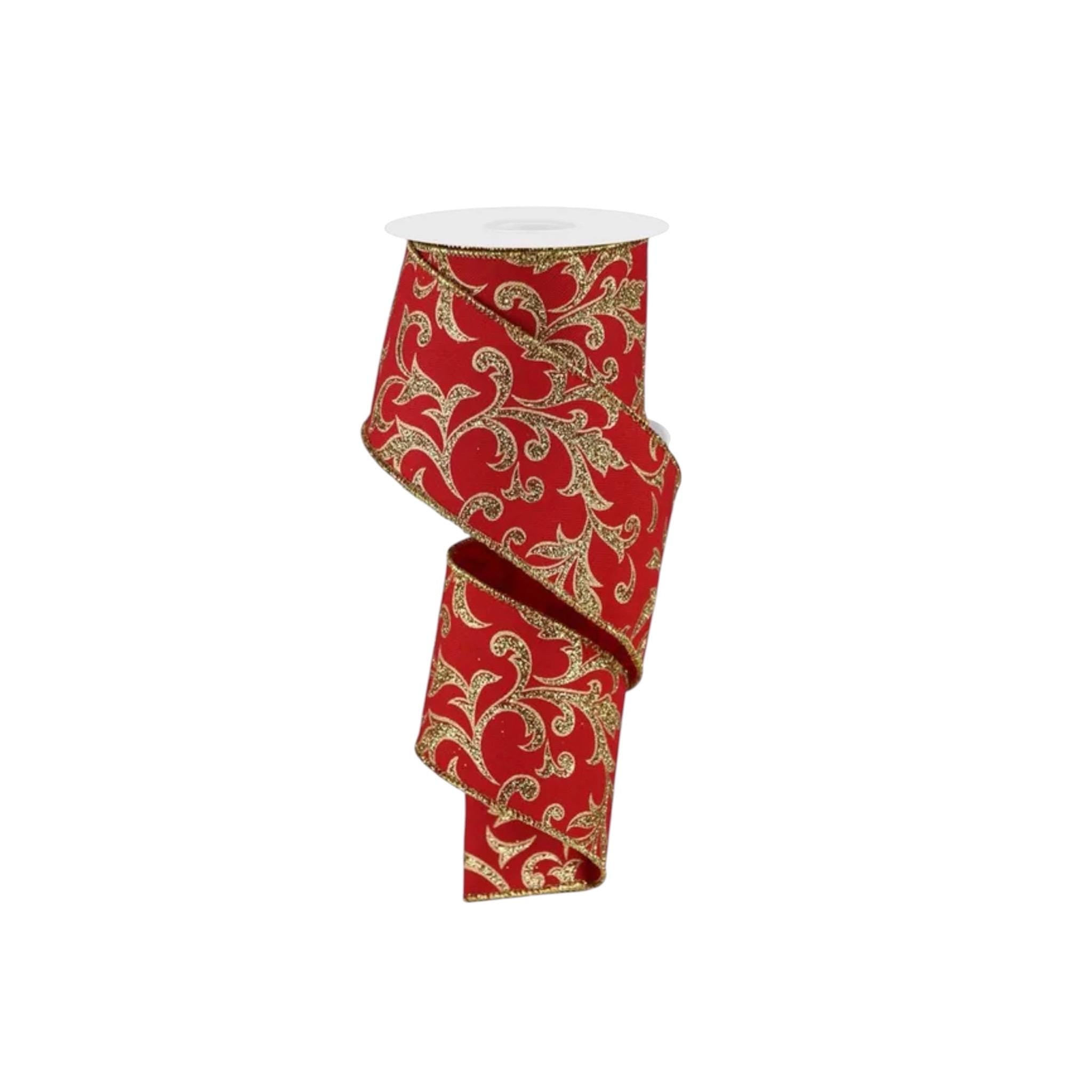 Red and Gold Christmas Ribbon Wired Edge Ribbon Glitter Scroll Ribbon Holiday Ribbon Wreath Ribbon Bow Making Ribbon 2.5 inches 10 Yard Roll