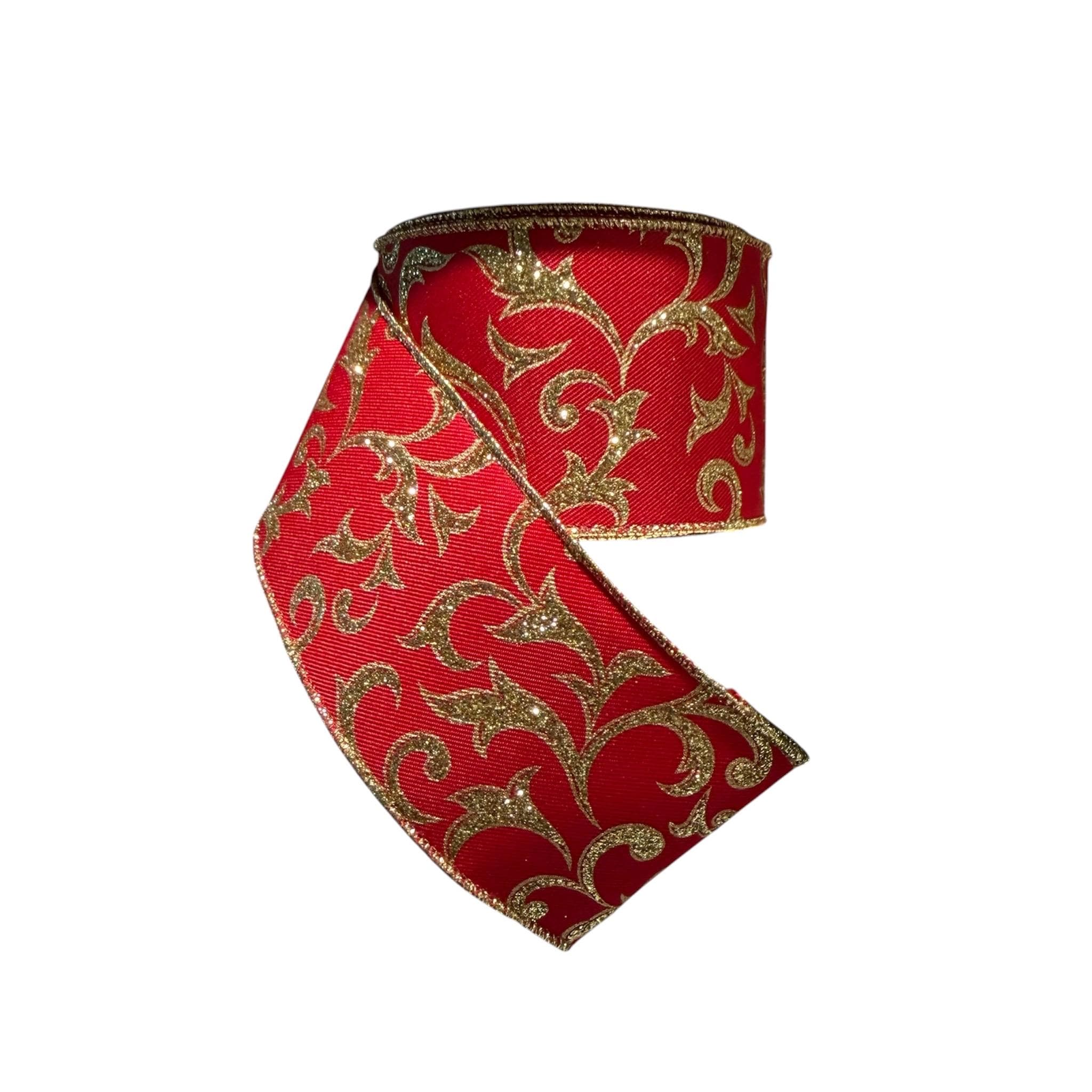 Red and Gold Christmas Ribbon Wired Edge Ribbon Glitter Scroll Ribbon Holiday Ribbon Wreath Ribbon Bow Making Ribbon 2.5 inches 10 Yard Roll