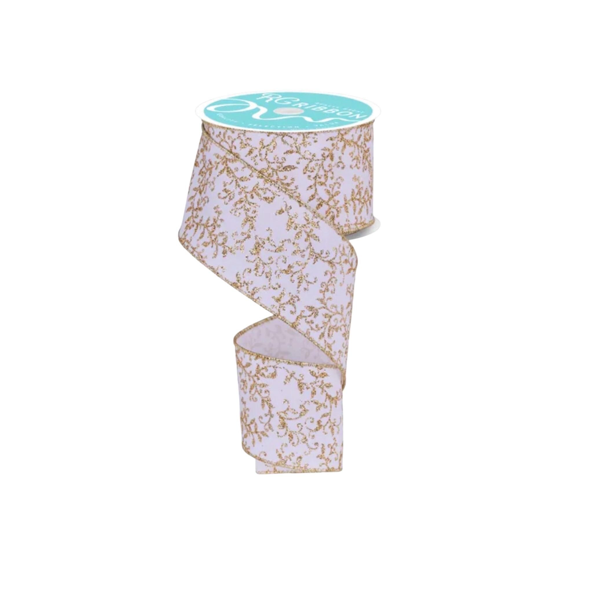 White Gold Glitter Vine Ribbon Wired Edge Christmas Ribbon Holiday Ribbon Wreath Ribbon Bow Making Ribbon Gift Wrap Ribbon 10 Yard Roll