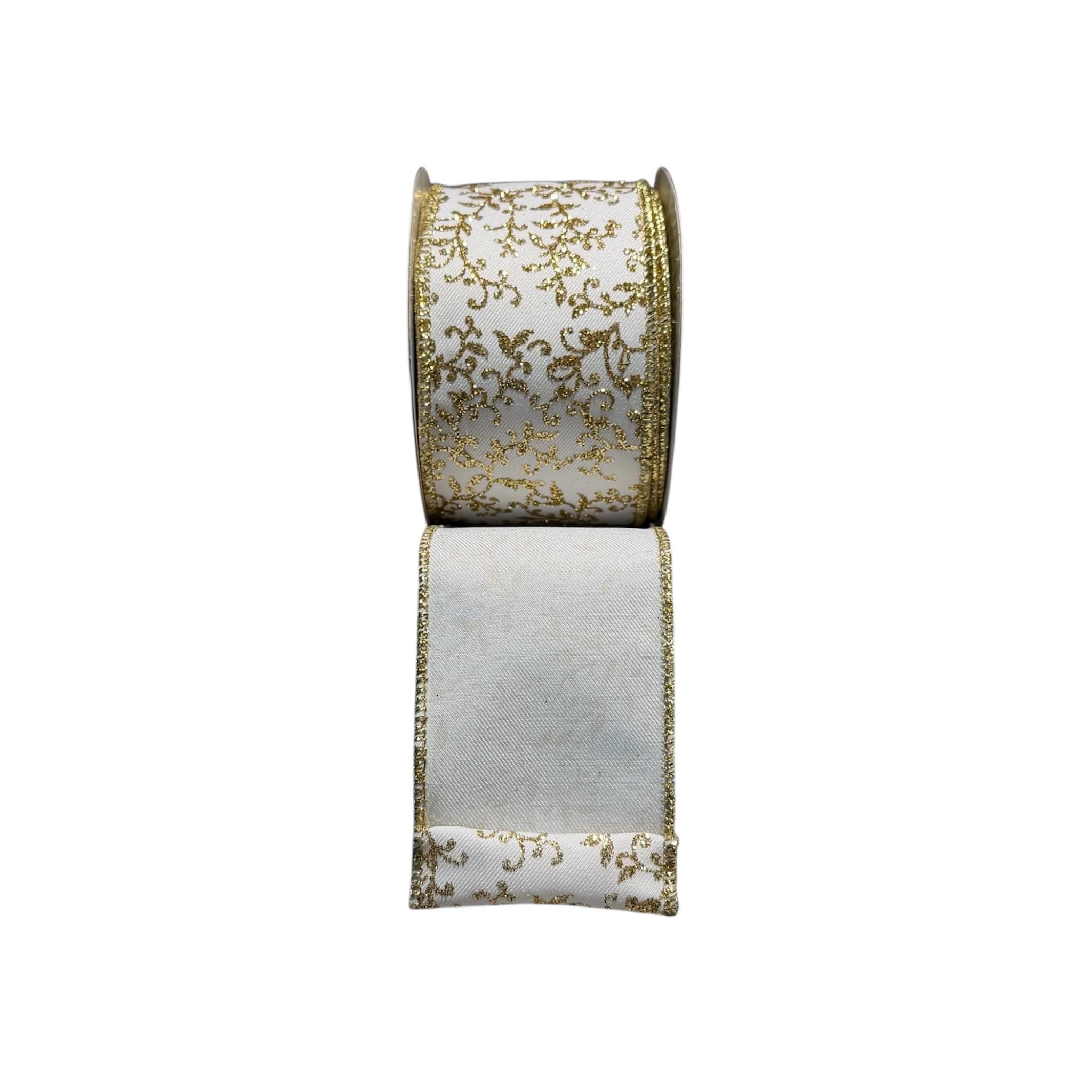 White Gold Glitter Vine Ribbon Wired Edge Christmas Ribbon Holiday Ribbon Wreath Ribbon Bow Making Ribbon Gift Wrap Ribbon 10 Yard Roll