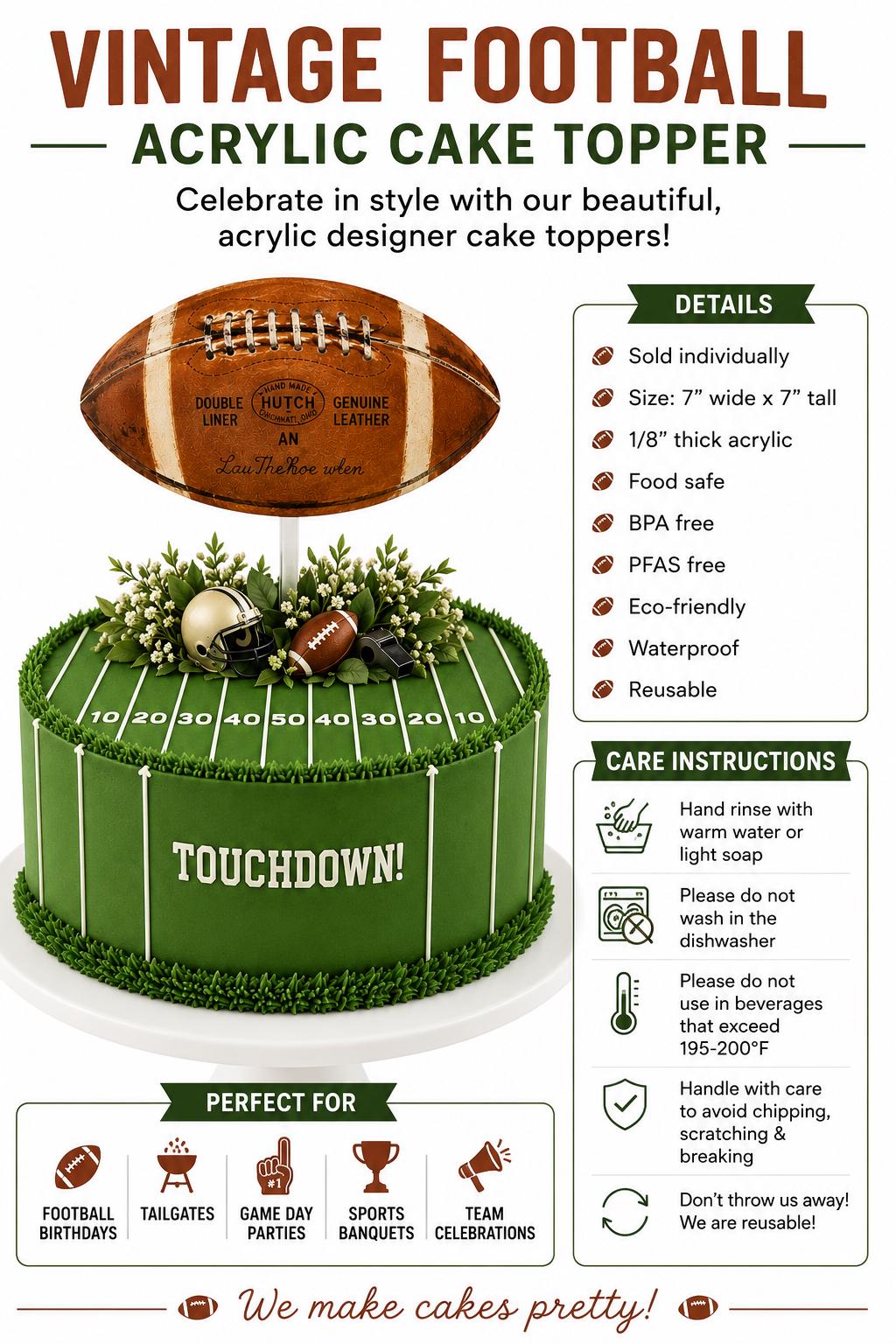Vintage Football Acrylic Cake Topper Football Party Decor Football Birthday Cake Topper Sports Cake Decoration Reusable Acrylic Topper