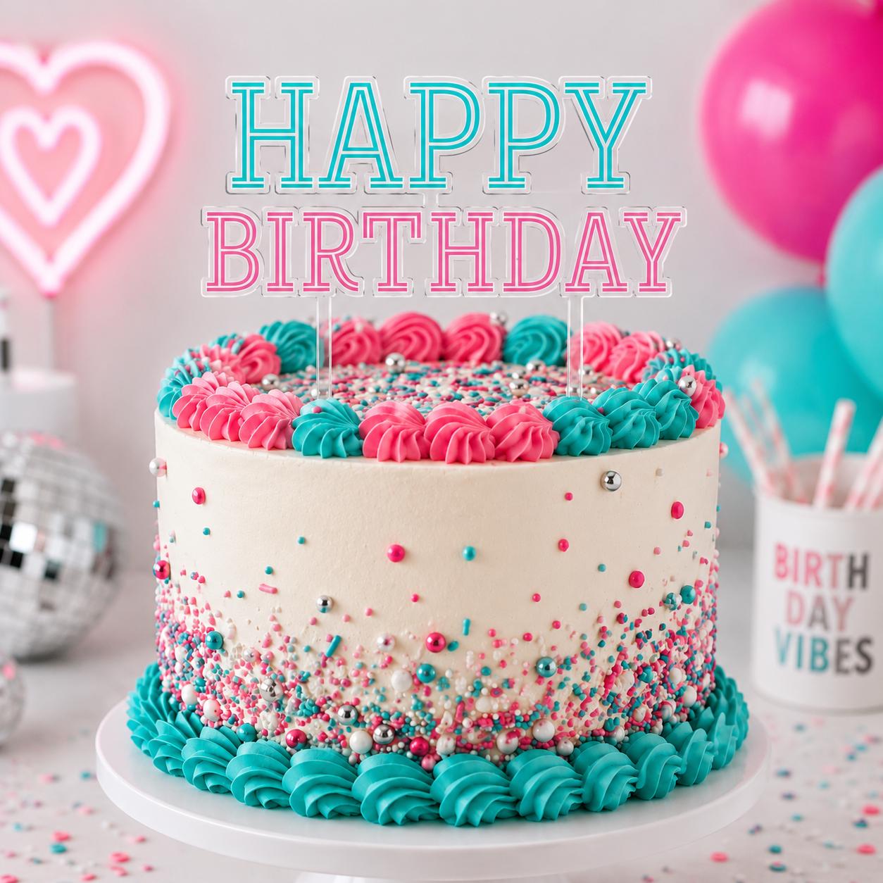 Happy Birthday Acrylic Cake Topper Set Birthday Cake Topper Pink and Blue Cake Topper Reusable Acrylic Party Decor Two Piece Cake Topper