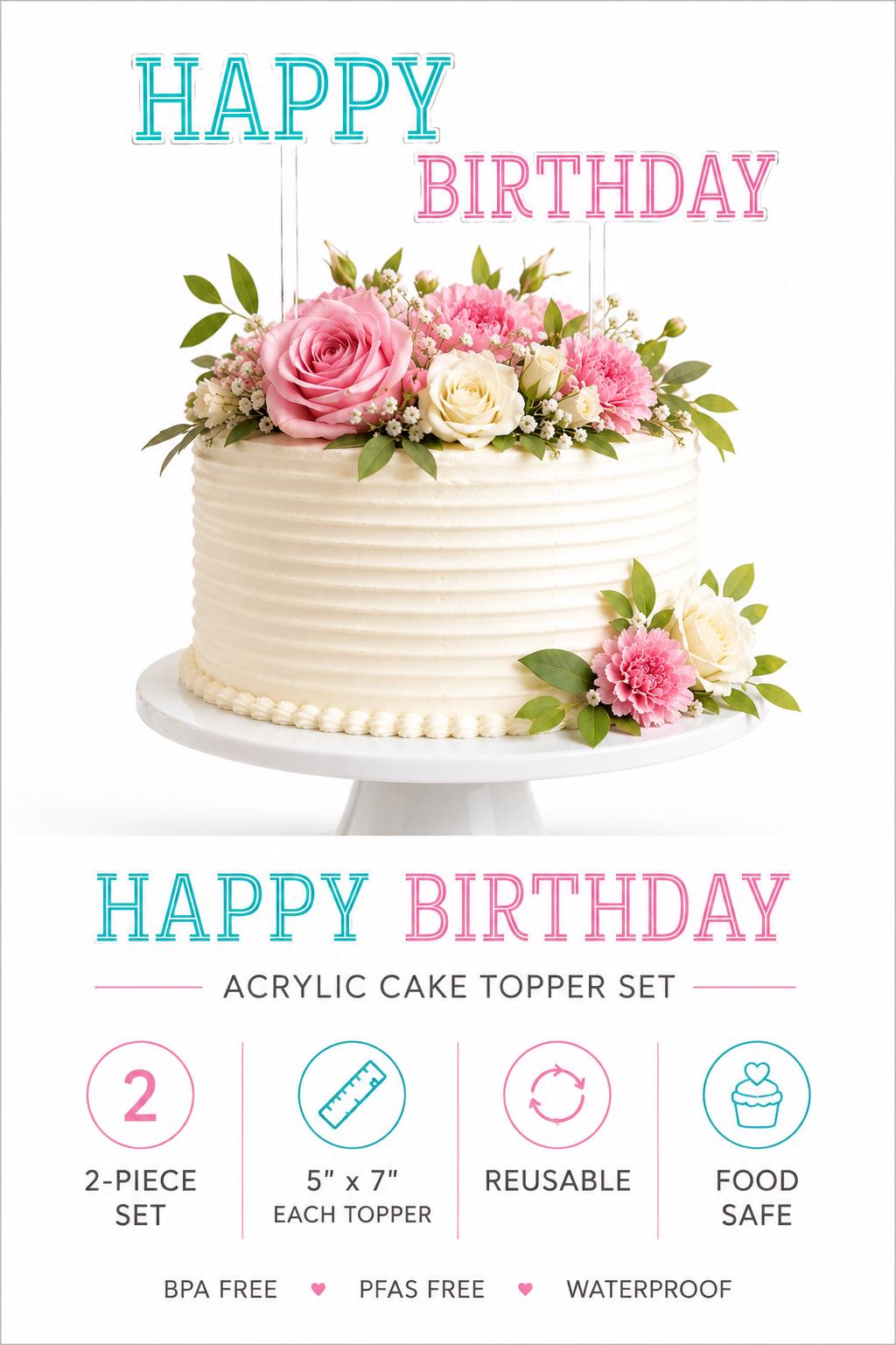 Happy Birthday Acrylic Cake Topper Set Birthday Cake Topper Pink and Blue Cake Topper Reusable Acrylic Party Decor Two Piece Cake Topper