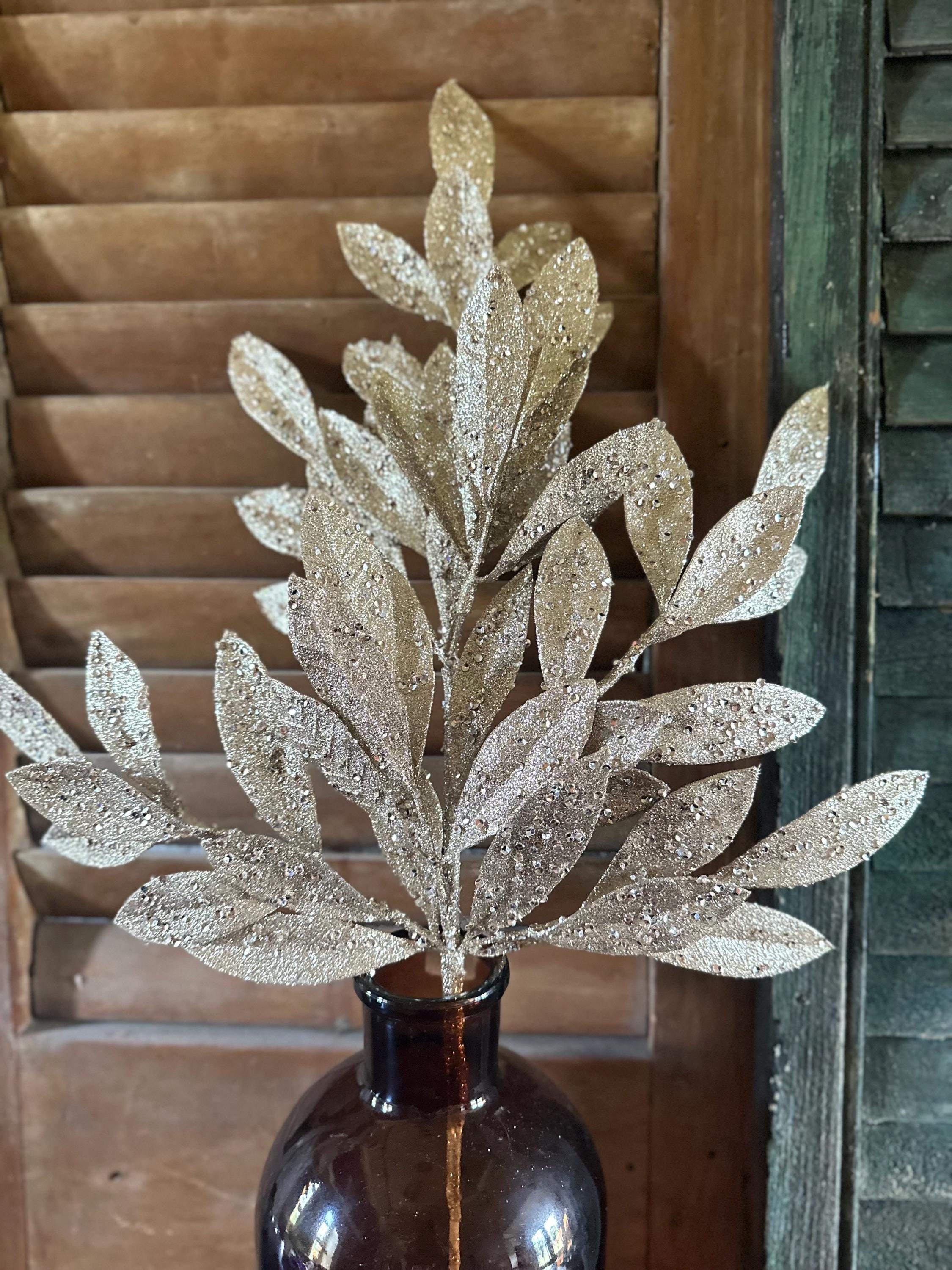 Champagne Glitter Leaf Spray Christmas Pick Holiday Floral Stem Wreath Decor Tree Decoration Champagne Foliage Accent