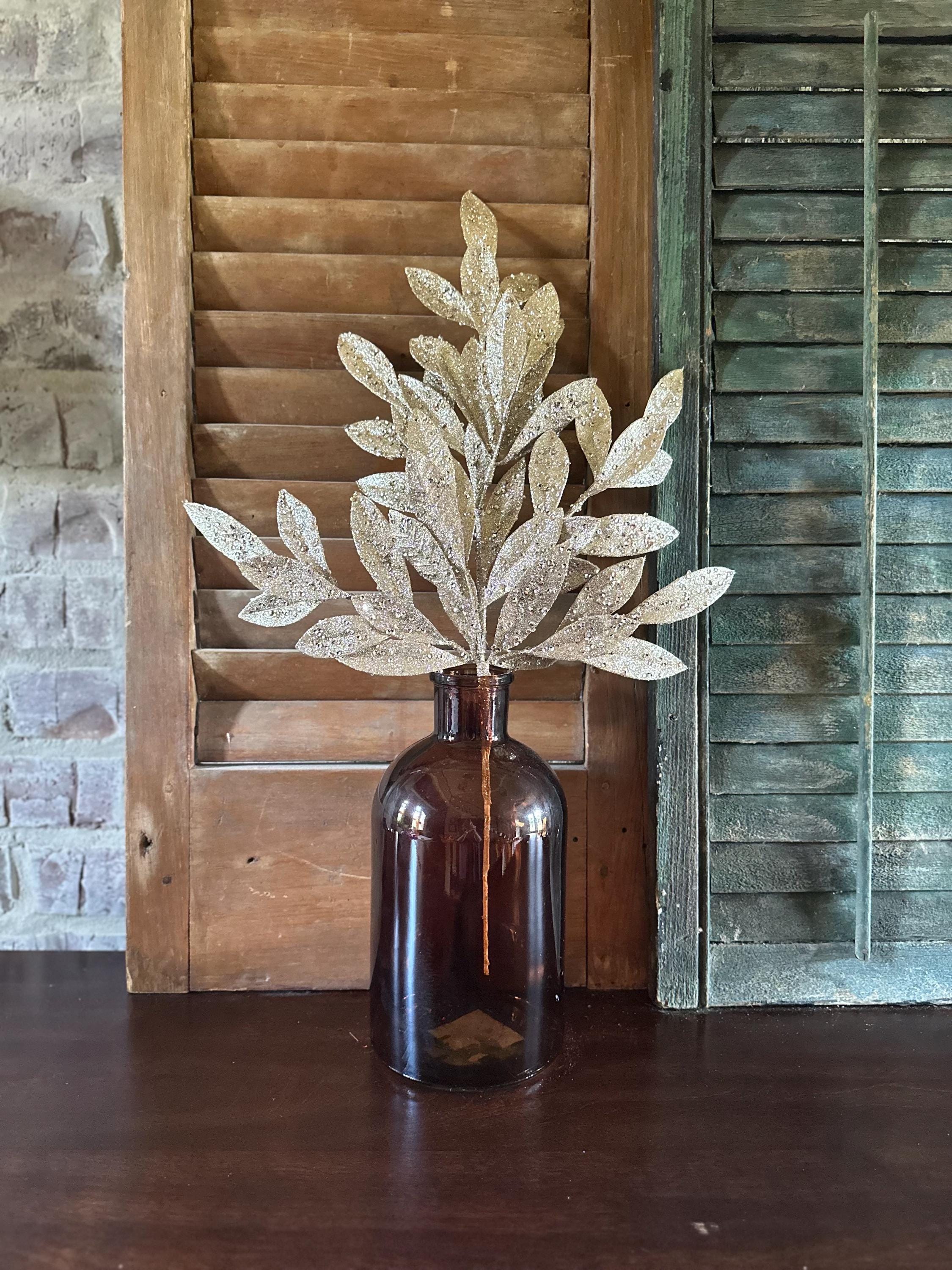 Champagne Glitter Leaf Spray Christmas Pick Holiday Floral Stem Wreath Decor Tree Decoration Champagne Foliage Accent