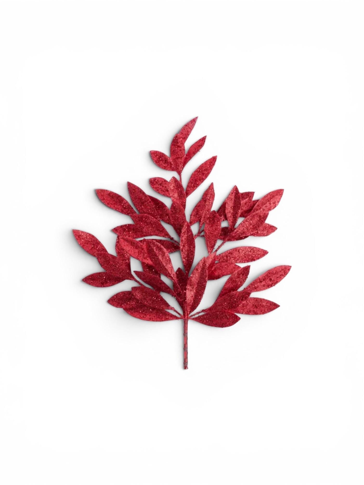 Red Glitter Bay Leaf Spray 23"L