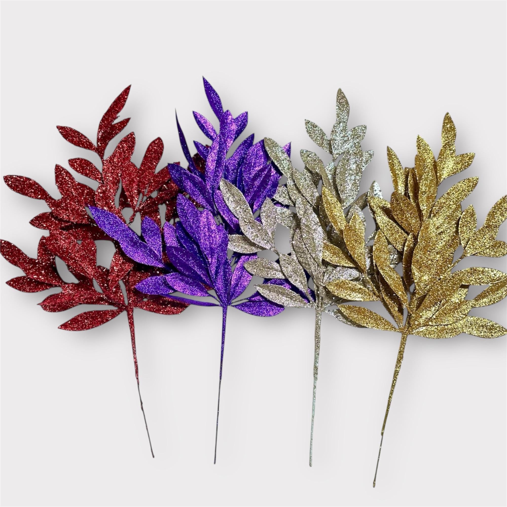 Red Glitter Bay Leaf Spray 23"L
