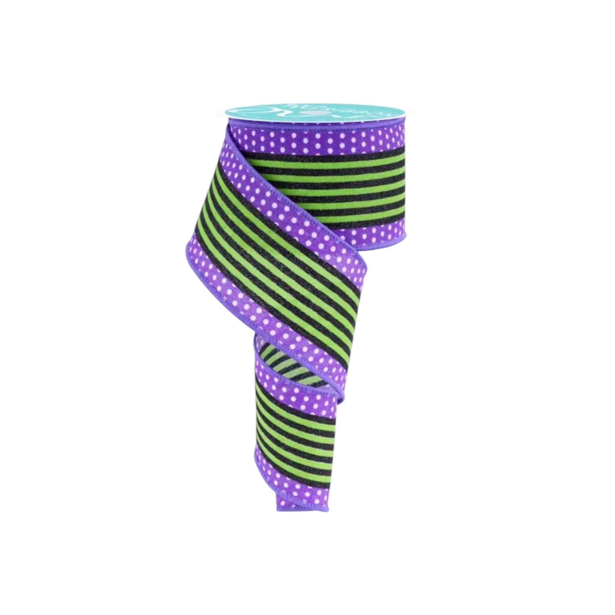 Purple Green Stripe Ribbon Wired Edge Halloween Ribbon Witch Ribbon Wreath Ribbon Bow Making Ribbon 2.5 Inch 10 Yard Roll