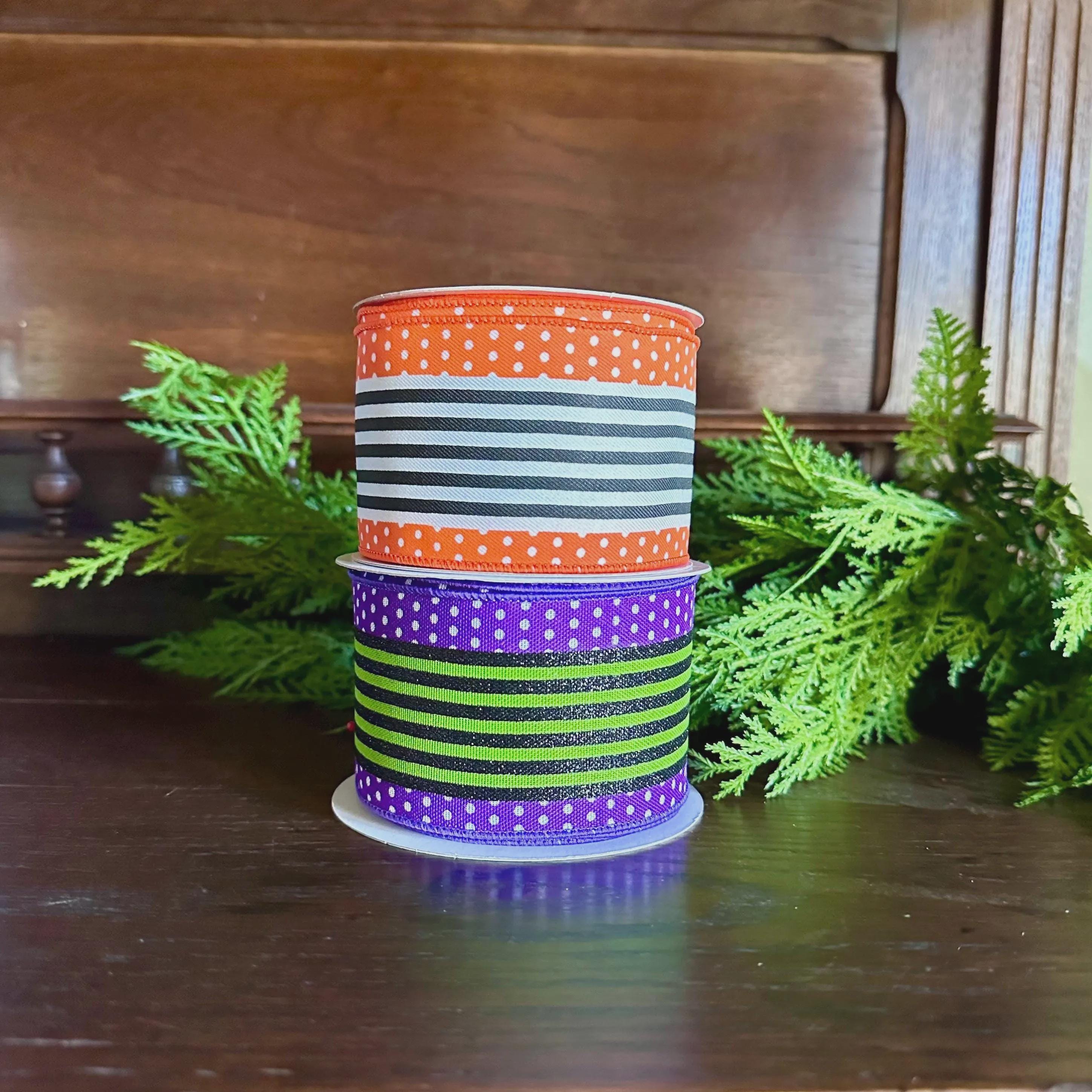 Orange Black Stripe Ribbon Wired Edge Halloween Ribbon Polka Dot Ribbon Wreath Ribbon Bow Making Ribbon 2.5 Inch 10 Yard Roll