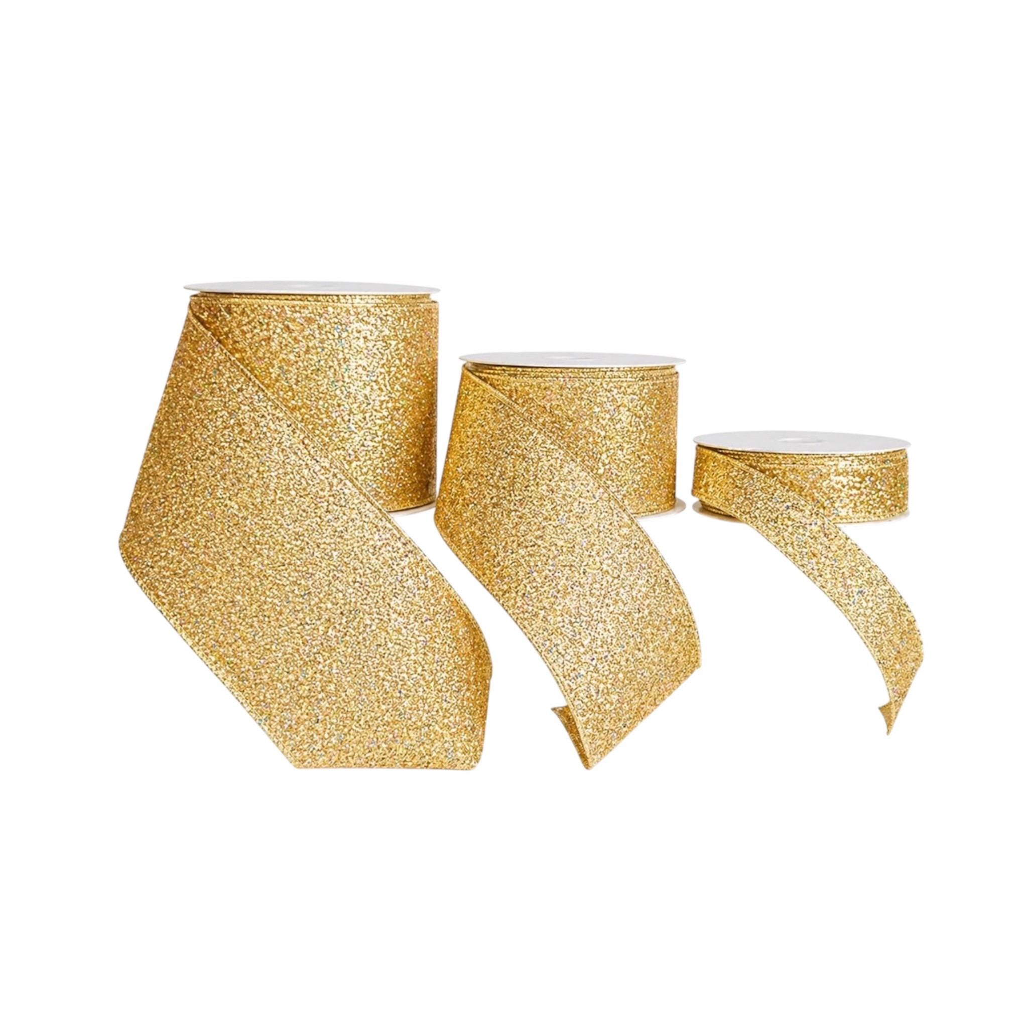 Gold Glitter Ribbon with Gold Edge Wired Ribbon for Christmas Ribbon Mardi Gras Holiday Decor Wreath Ribbon Christmas Gift Wrapping