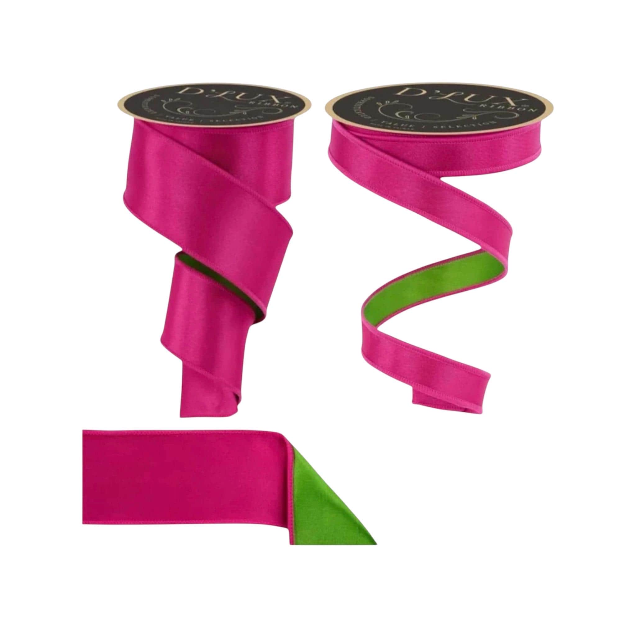 Hot Pink & Green Reversible Wired Ribbon Fused Back Ribbon for Spring Summer Wreaths Bows Decor