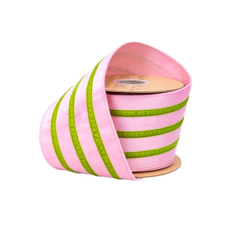 Pink Velvet Ribbon with Green Trim – 4" Wired