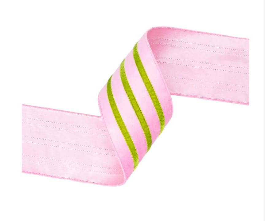 Pink Velvet Ribbon with Green Trim – 4" Wired