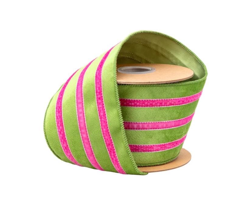 Green Velvet Ribbon with Pink Trim – 4" Wired