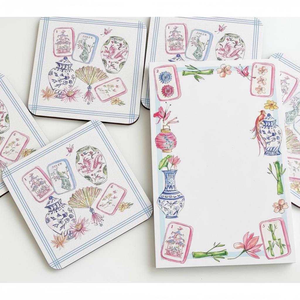 Close-up Mahjong Coasters and Notepad No Glass