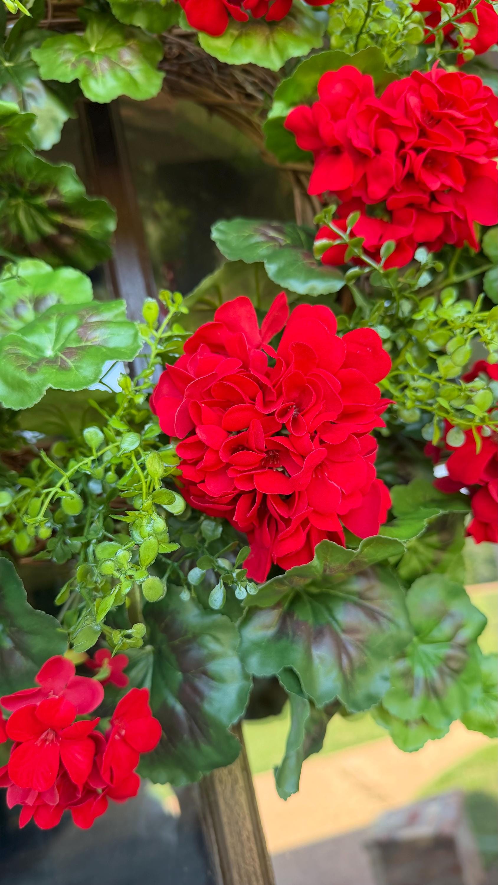 Geranium Wreath Decor for Front Door Summer Wreath 4th of July Wreath Faux Wreath Red Geranium Wreath Spring Wreath Mothers Day Gift