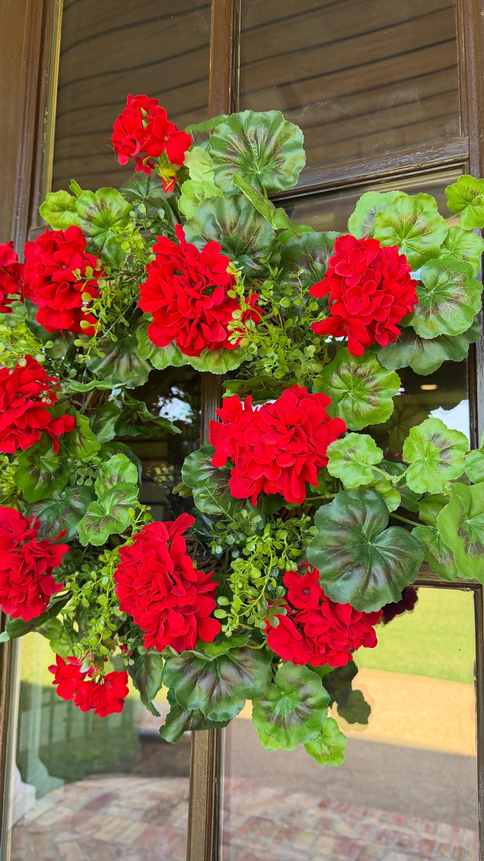 Geranium Wreath Decor for Front Door Summer Wreath 4th of July Wreath Faux Wreath Red Geranium Wreath Spring Wreath Mothers Day Gift