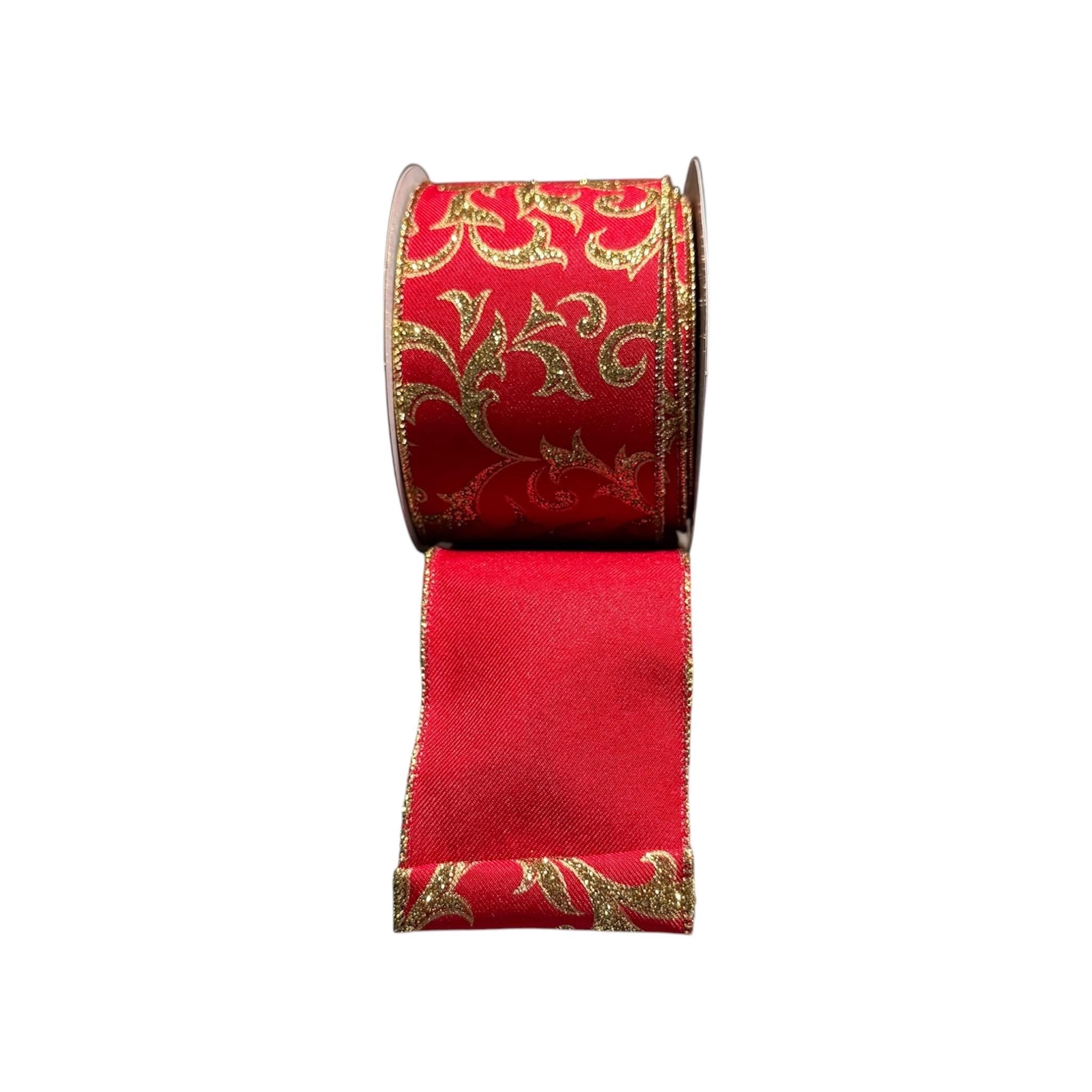 Red and Gold Christmas Ribbon Wired Edge Ribbon Glitter Scroll Ribbon Holiday Ribbon Wreath Ribbon Bow Making Ribbon 2.5 inches 10 Yard Roll