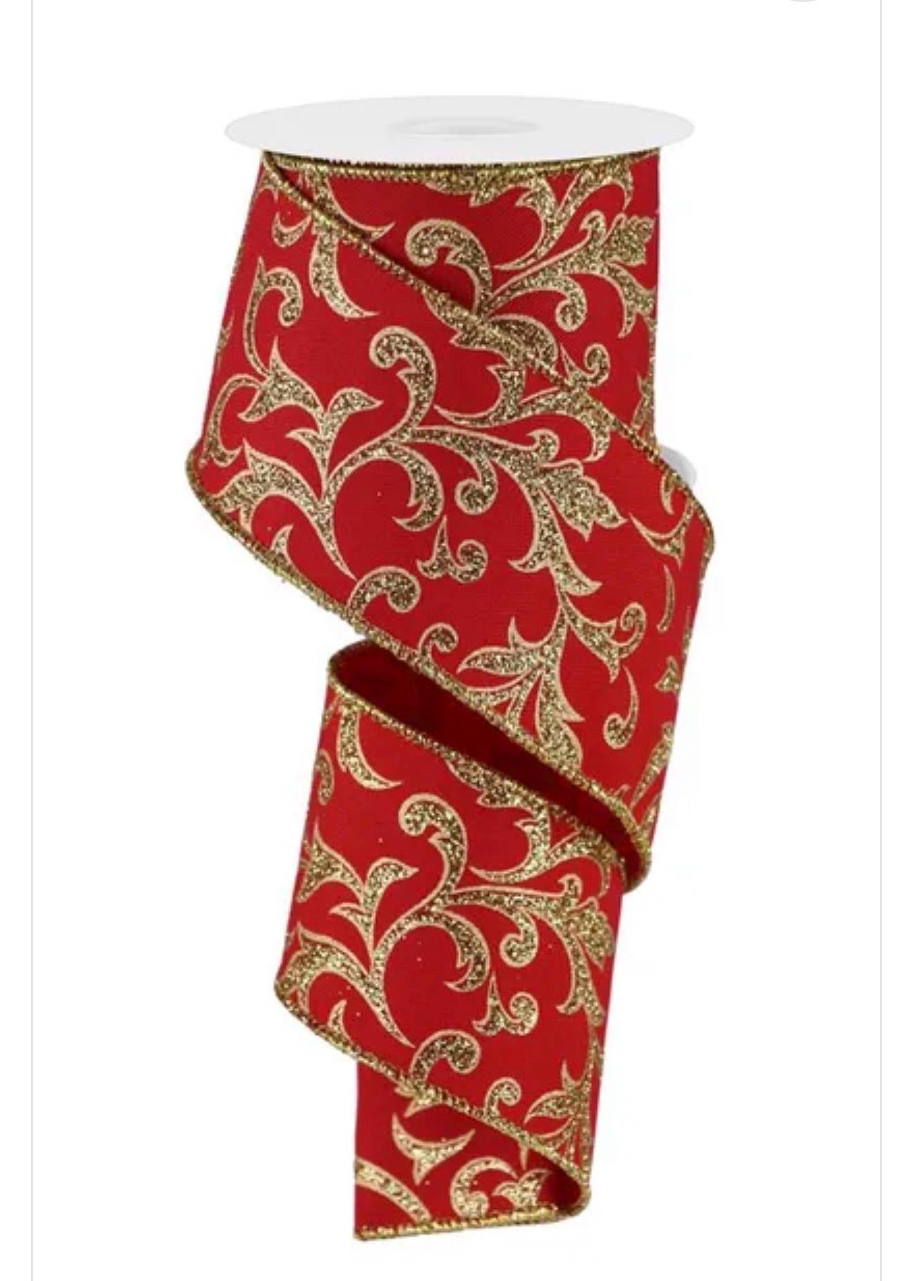 Red and Gold Christmas Ribbon Wired Edge Ribbon Glitter Scroll Ribbon Holiday Ribbon Wreath Ribbon Bow Making Ribbon 2.5 inches 10 Yard Roll