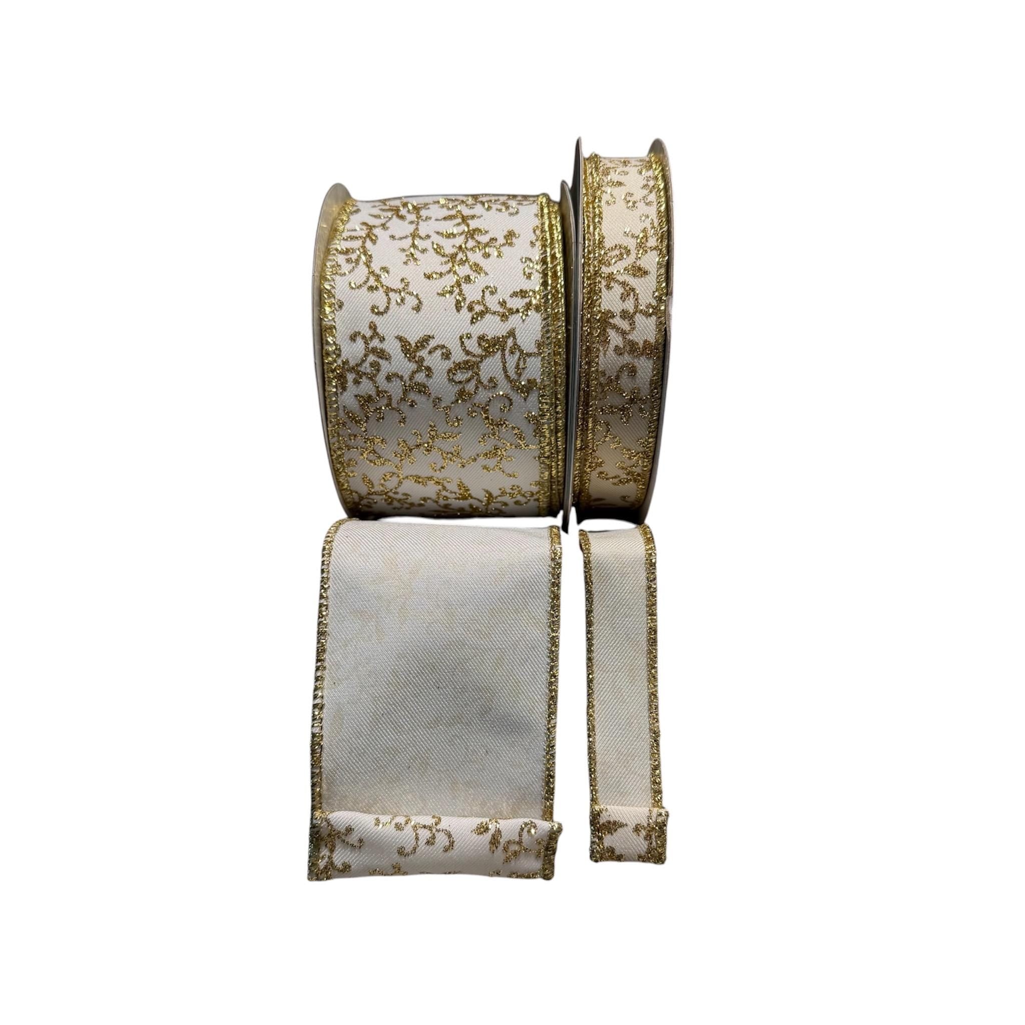 White Gold Glitter Vine Ribbon Wired Edge Christmas Ribbon Holiday Ribbon Wreath Ribbon Bow Making Ribbon Gift Wrap Ribbon 10 Yard Roll