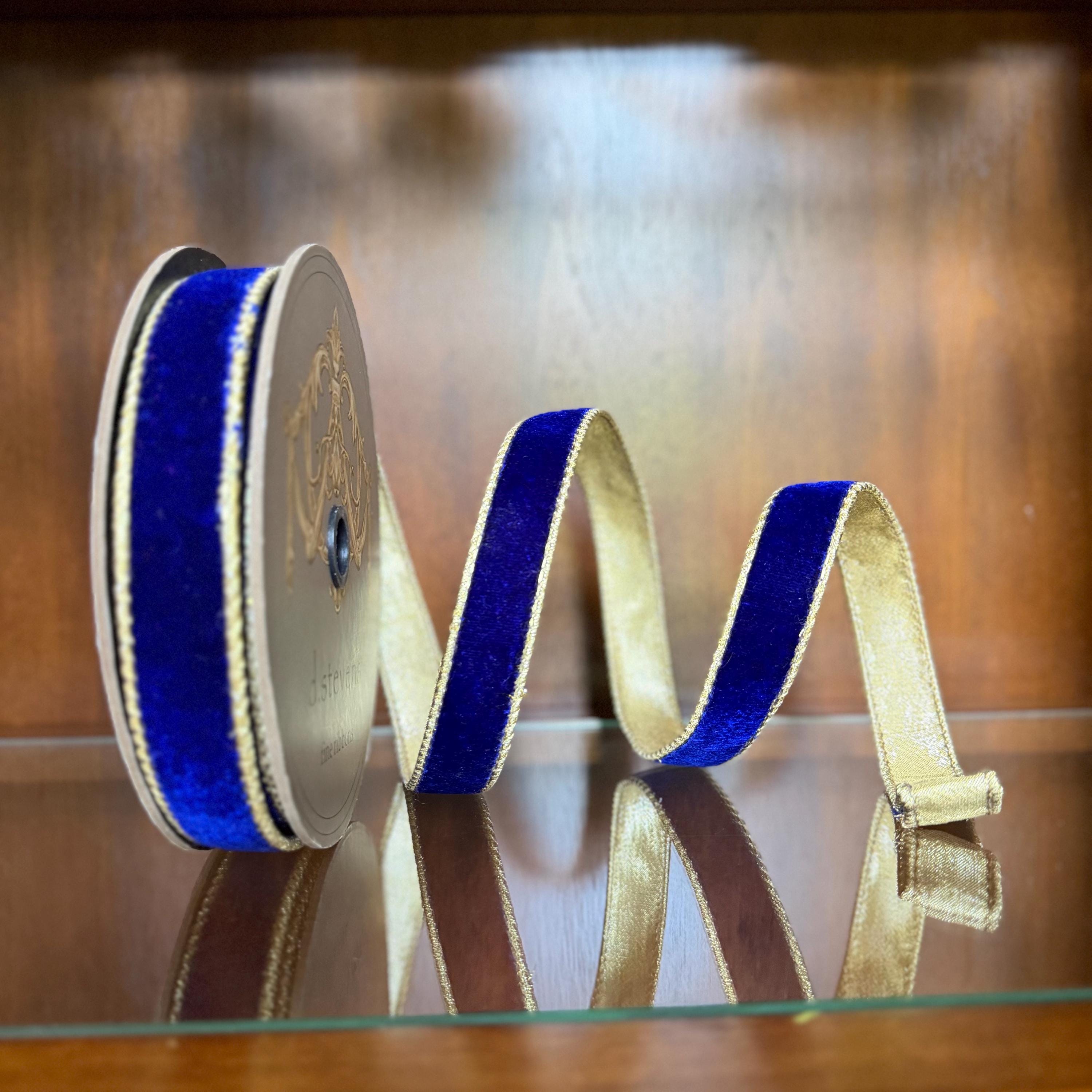 Blue Velvet Wired Ribbon, Luxury Christmas Ribbon, Designer Ribbon for Wreaths, Trees, Garland Holiday Decor D Stevens Ribbon