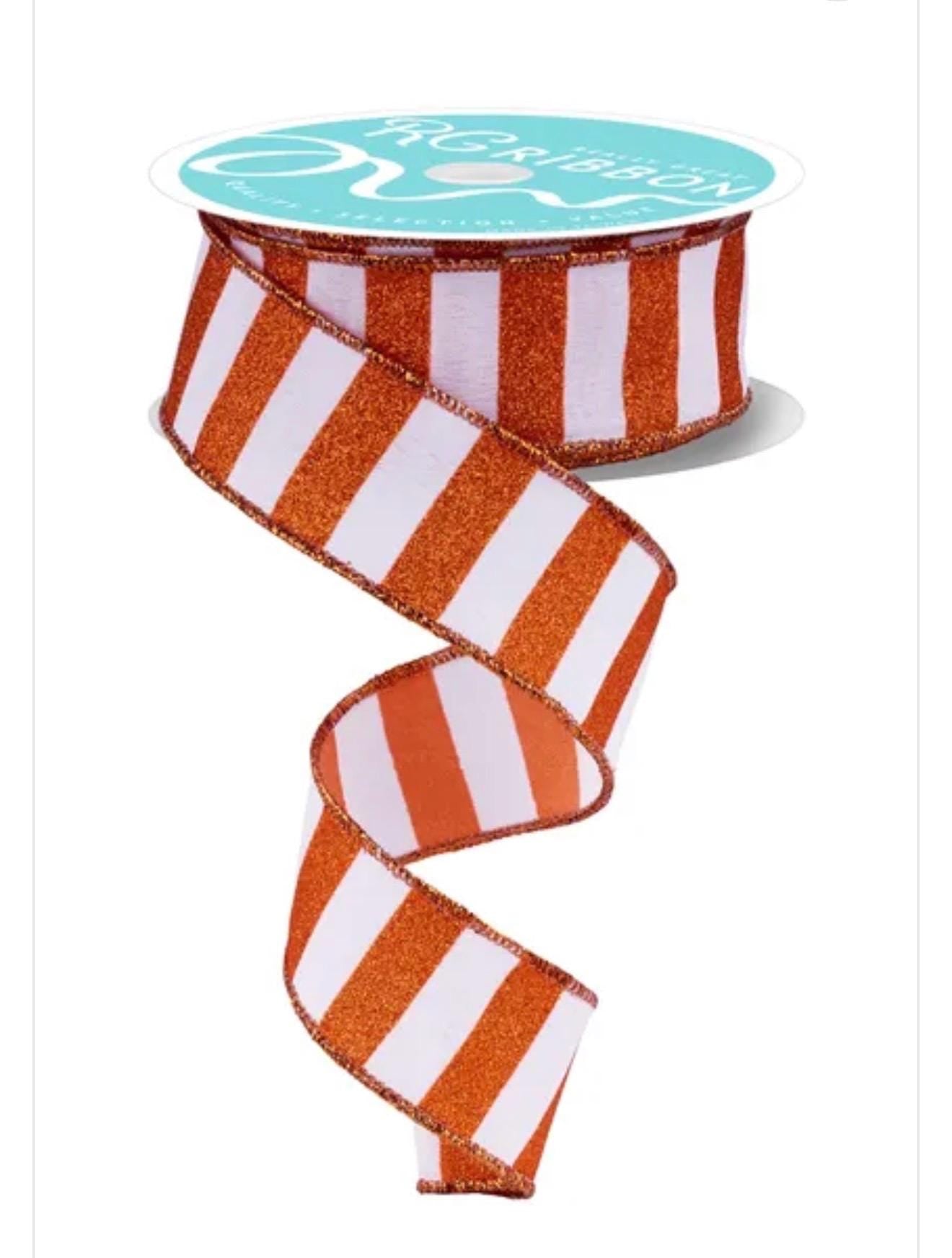 Orange White Glitter Stripe Ribbon Wired Edge Game Day Football Halloween Fall Ribbon Wreath Bow Making Ribbon 10 Yard Roll