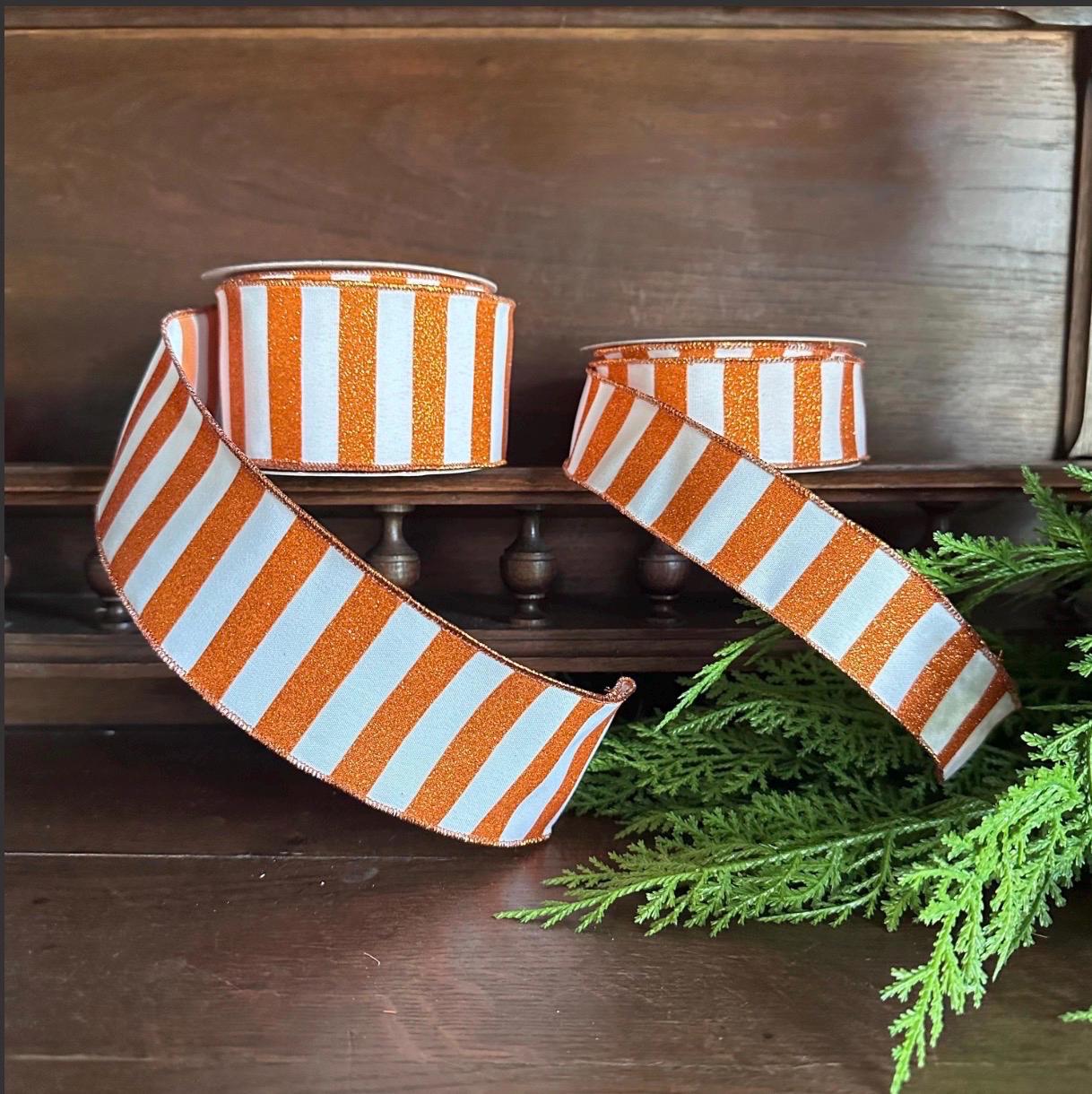 Orange White Glitter Stripe Ribbon Wired Edge Game Day Football Halloween Fall Ribbon Wreath Bow Making Ribbon 10 Yard Roll