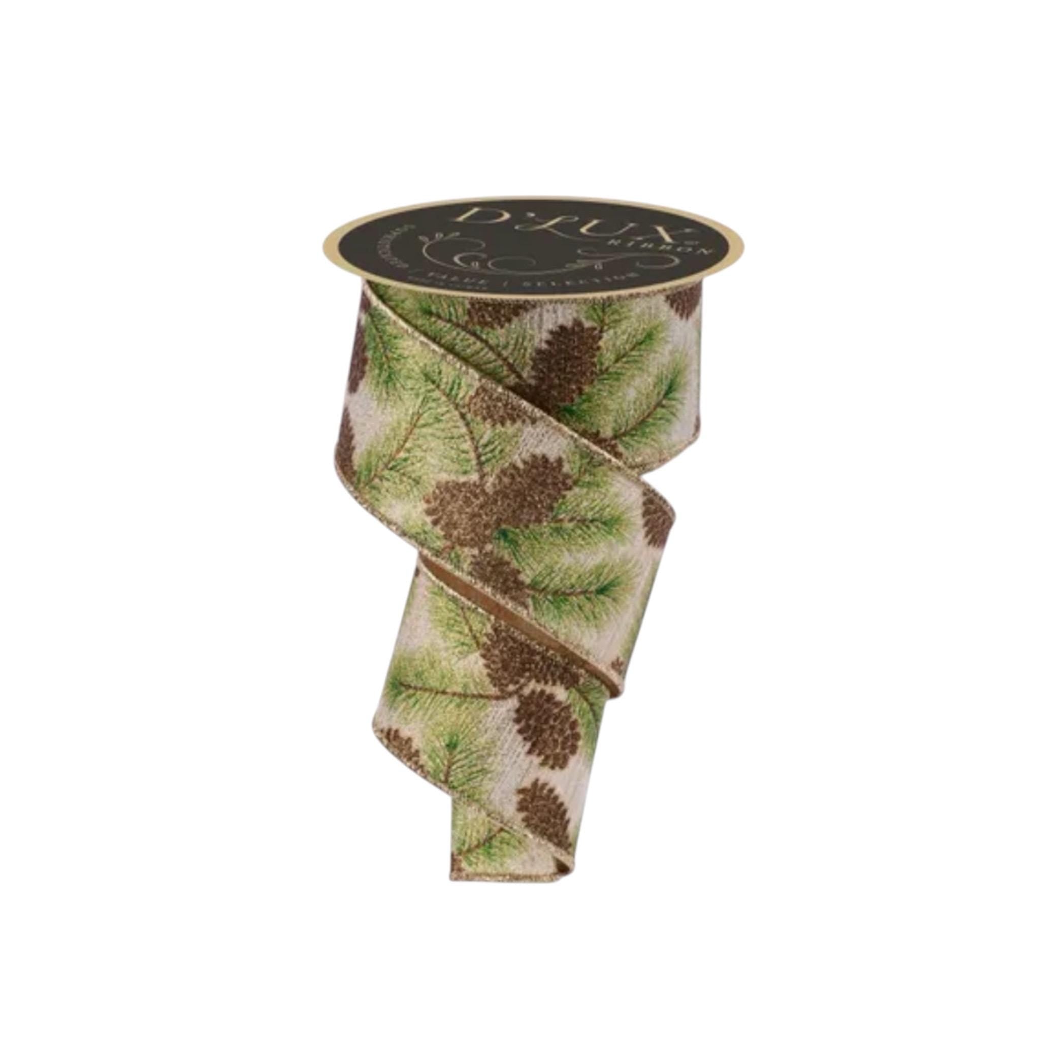 Pinecone Ribbon Wired Edge Ribbon Fall Ribbon Christmas Ribbon Pine Branch Ribbon Woodland Ribbon Wreath Ribbon 2.5 Inch 10 Yards