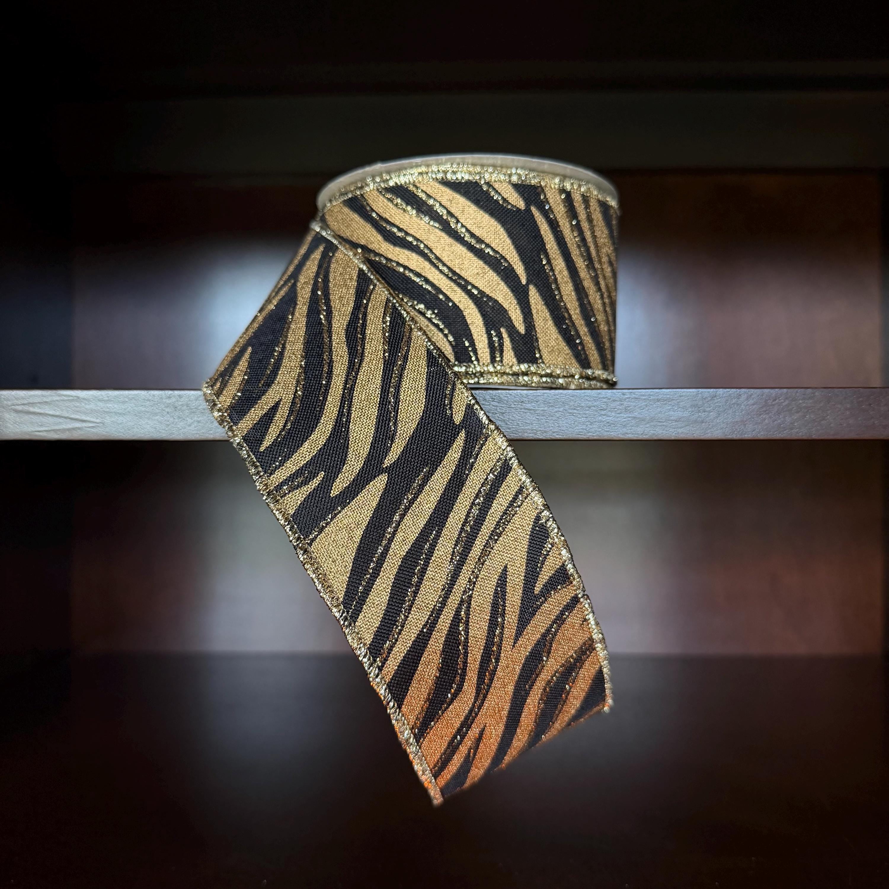 Tiger Print Ribbon Gold Black Wired Edge Ribbon Game Day Ribbon Homecoming Ribbon Football Ribbon Wreath Ribbon 2.5 10 Yard Roll