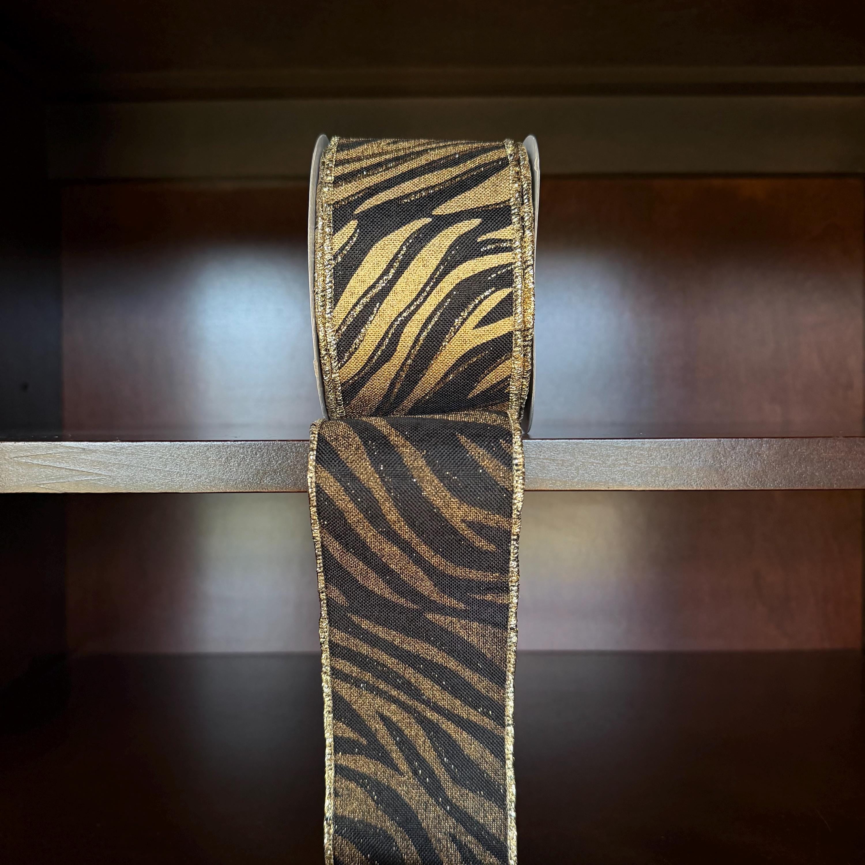 Football Ribbon | Black & Gold Tiger Print Wired Ribbon for Homecoming Mums, Wreaths & School Spirit Bows