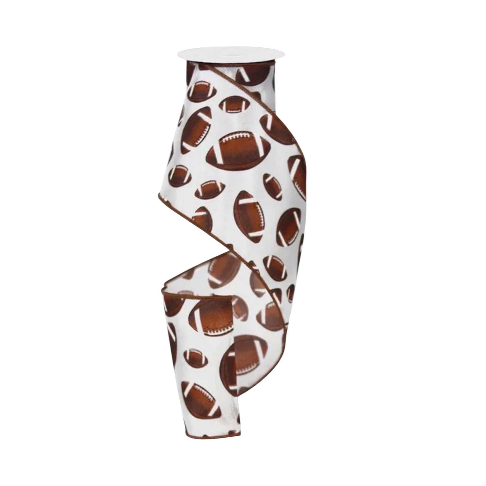 Football Wired Ribbon – Brown & White Football Print – 10 Yard