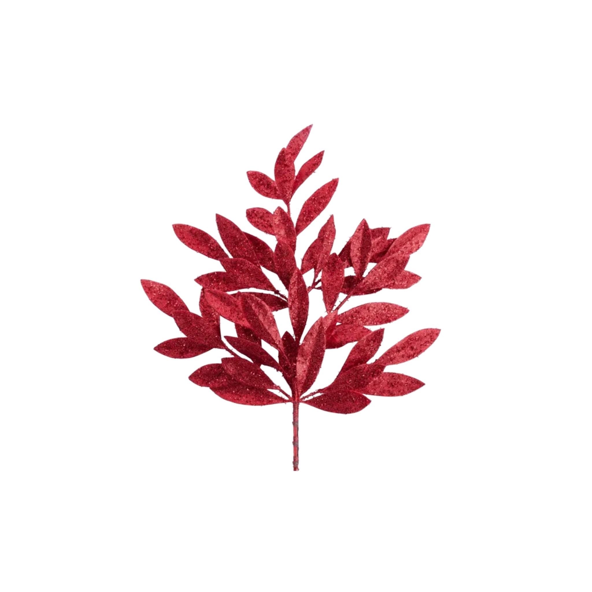 Red Glitter Bay Leaf Spray 23"L