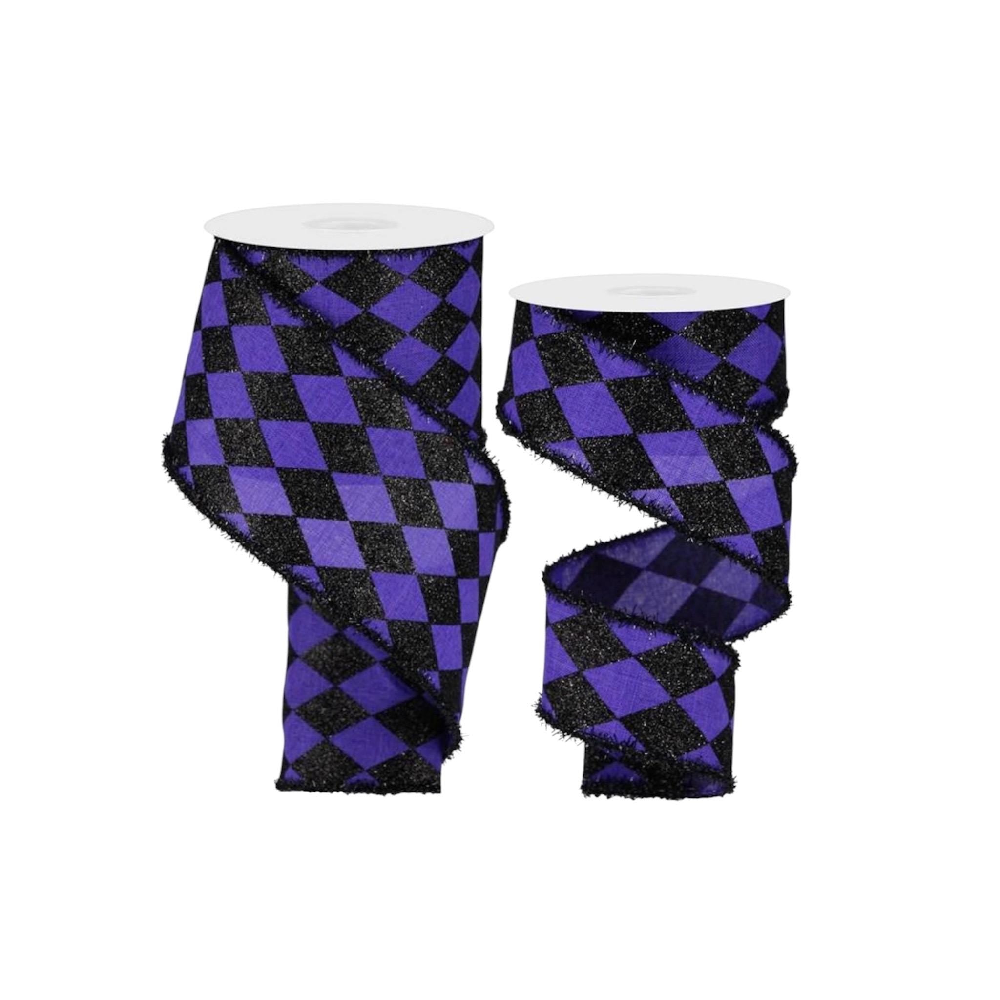 Harlequin Ribbon Purple Black Glitter Wired Edge Ribbon Halloween Decor Mardi Gras Ribbon Wreath Bow Ribbon 10 Yard Roll