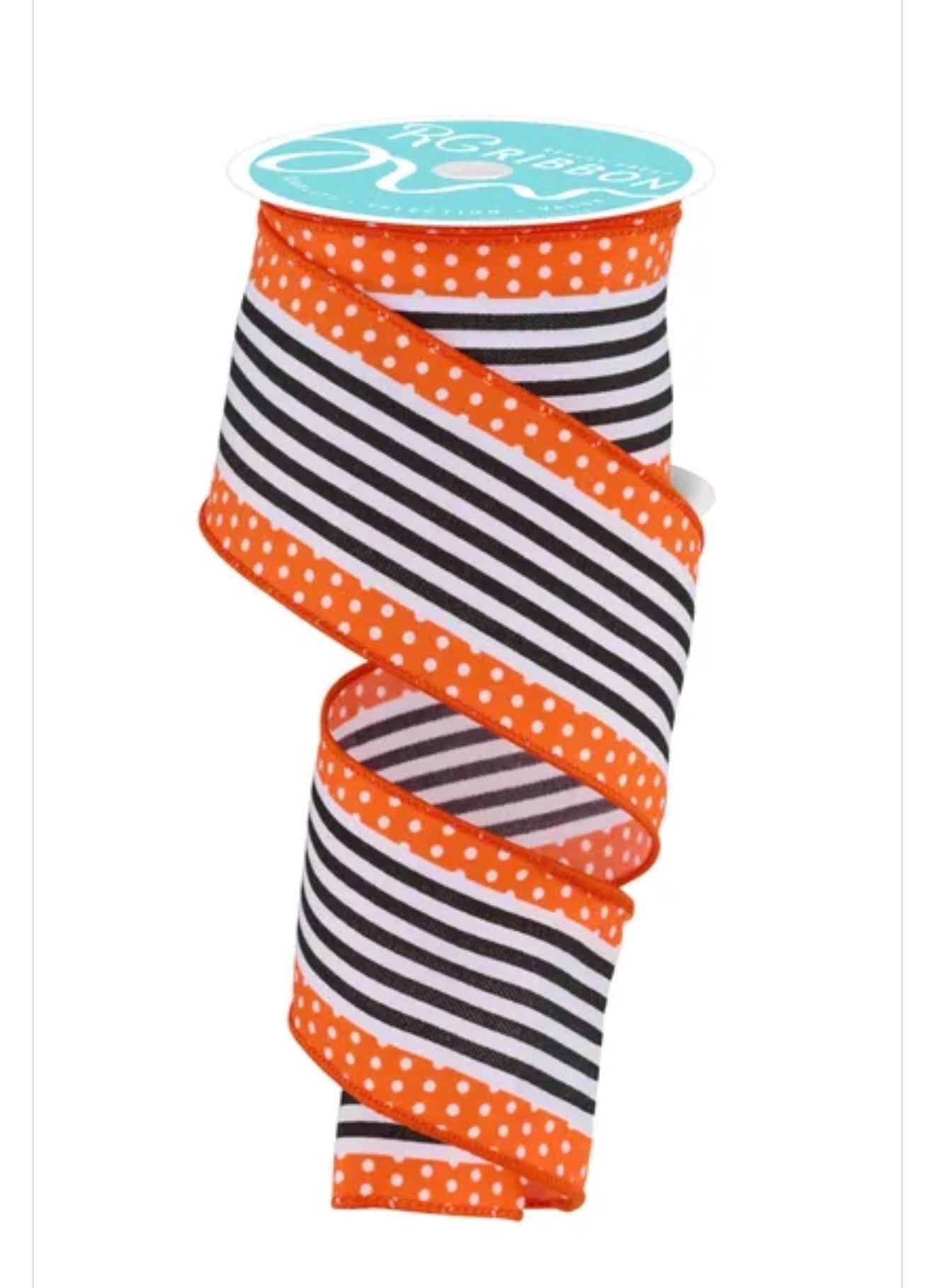Orange Black Stripe Ribbon Wired Edge Halloween Ribbon Polka Dot Ribbon Wreath Ribbon Bow Making Ribbon 2.5 Inch 10 Yard Roll