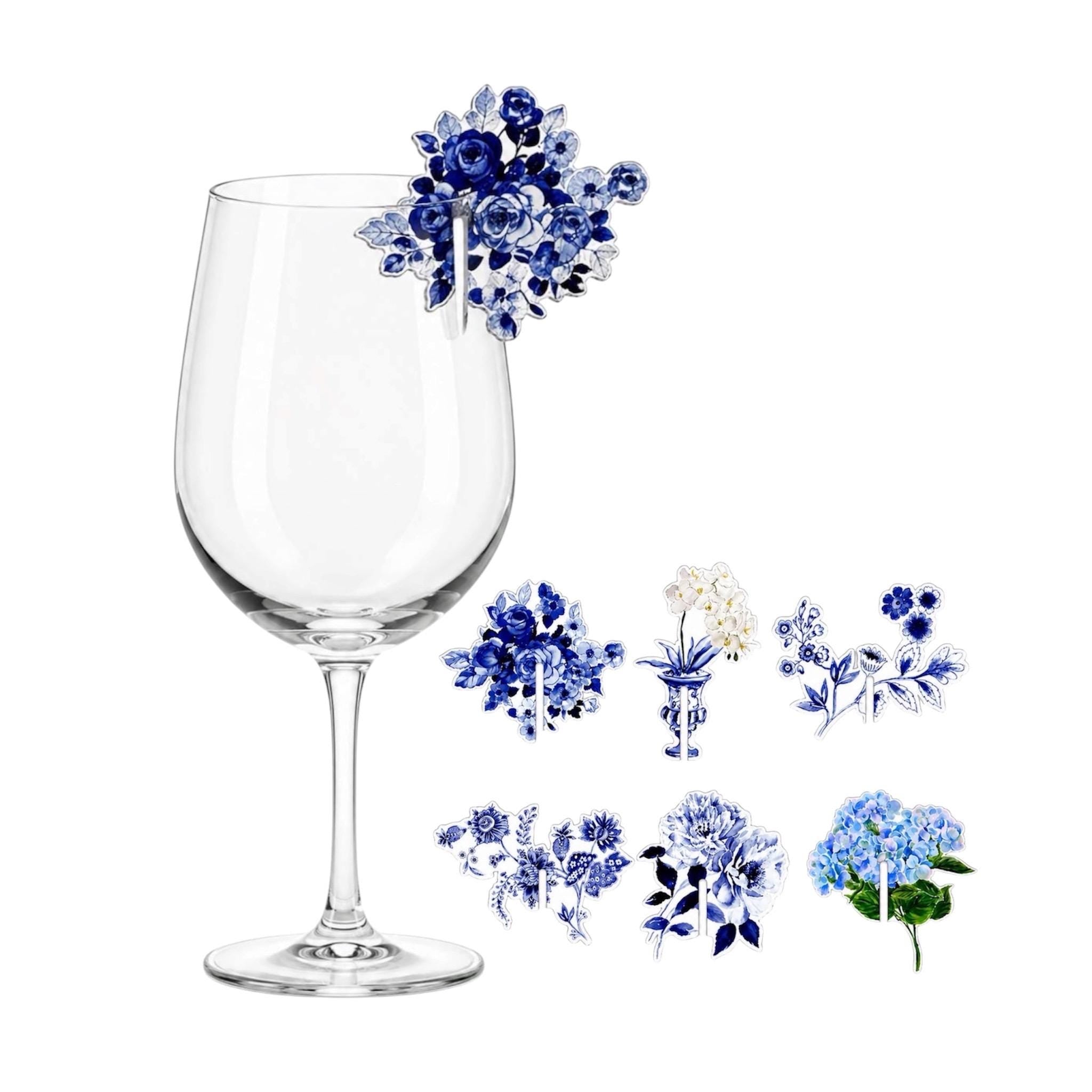 Blue and White Acrylic Drink Clips Set of 6 – Chinoiserie Cocktail Glass Markers