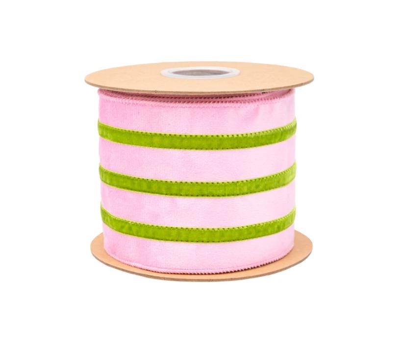 Pink Velvet Ribbon with Green Trim – 4" Wired