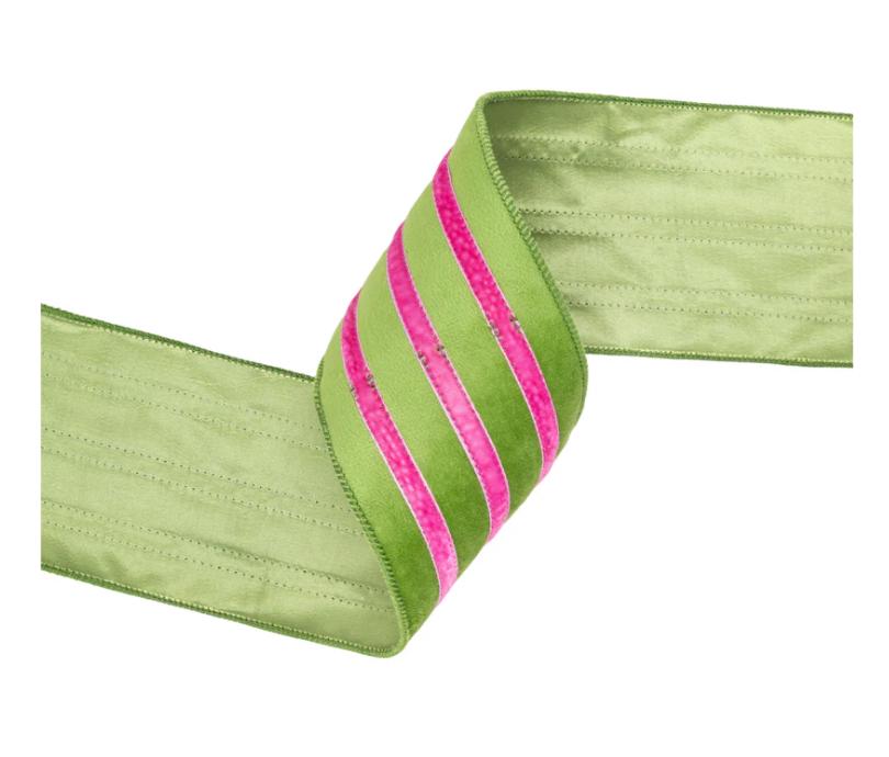 Green Velvet Ribbon with Pink Trim – 4" Wired