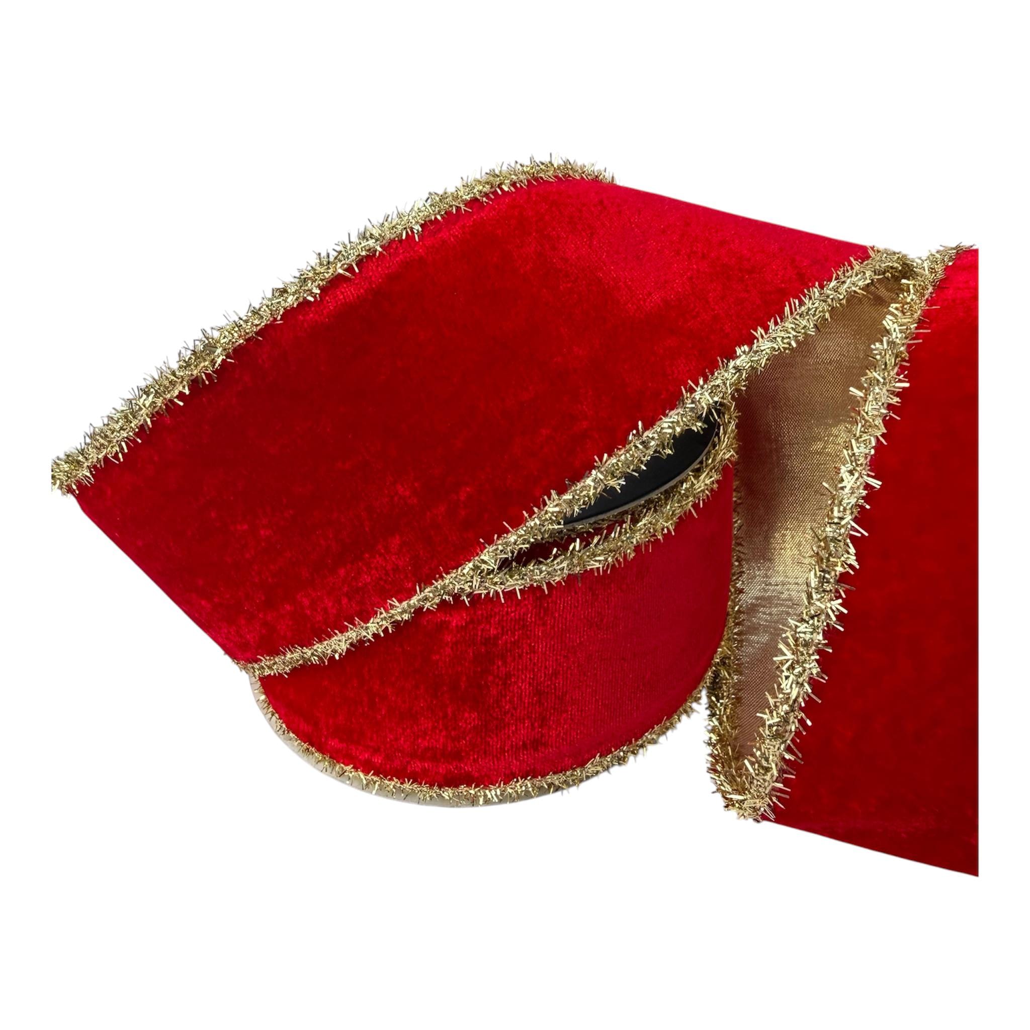 Christmas Velvet Wired Ribbon, Red Velvet Ribbon, Gold Tinsel Edge Ribbon, Luxury Holiday Ribbon Designer Ribbon Bow Making John Mark Ribbon