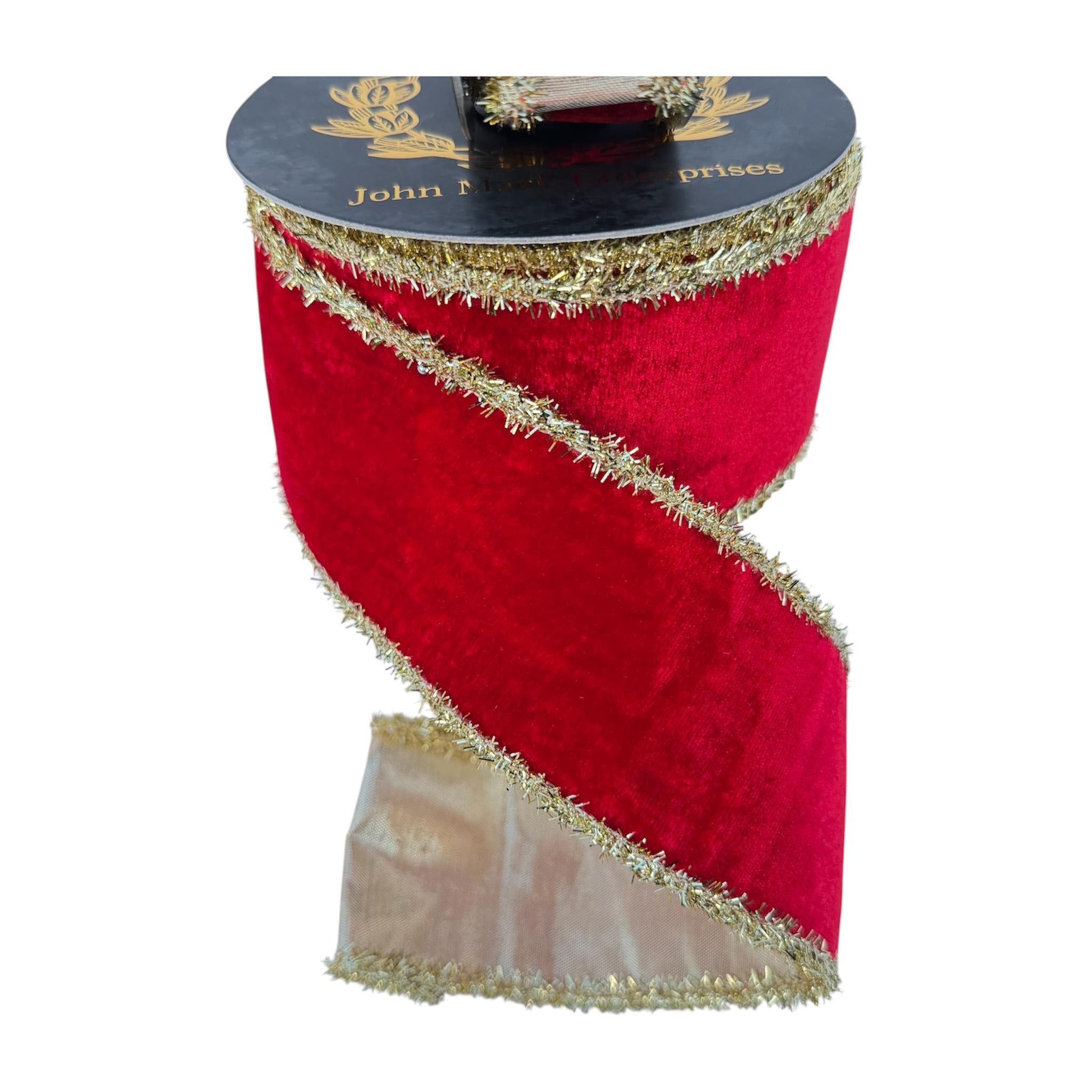 Christmas Velvet Wired Ribbon, Red Velvet Ribbon, Gold Tinsel Edge Ribbon, Luxury Holiday Ribbon Designer Ribbon Bow Making John Mark Ribbon