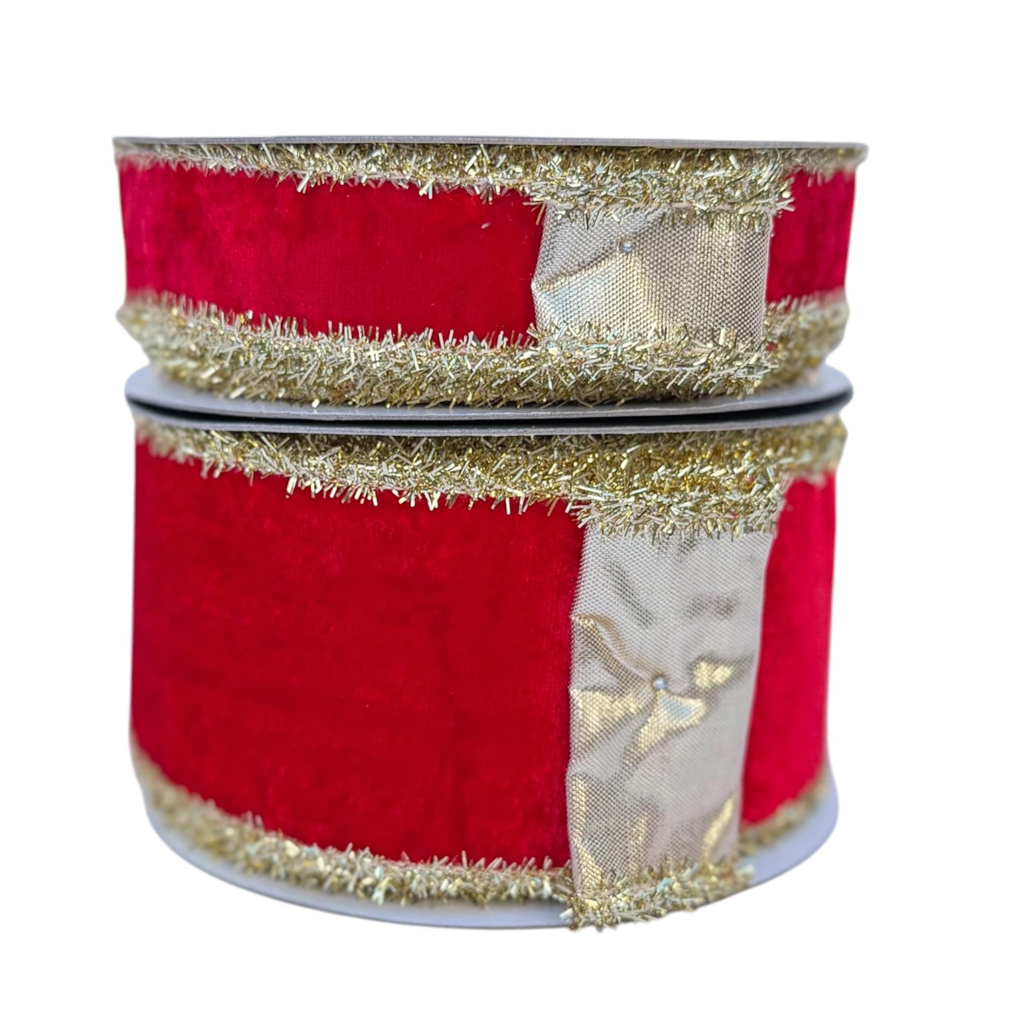 Christmas Velvet Wired Ribbon, Red Velvet Ribbon, Gold Tinsel Edge Ribbon, Luxury Holiday Ribbon Designer Ribbon Bow Making John Mark Ribbon