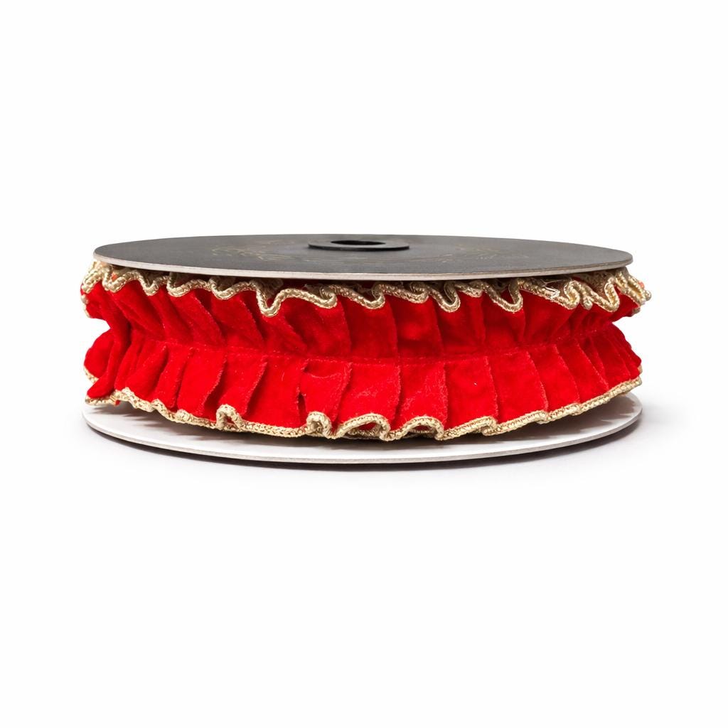 Red Velvet Wired Ribbon, Pleated Gold Metallic Dupioni Double Fused Ribbon, Christmas Ribbon, Designer Ribbon Bow Making, John Mark Ribbon