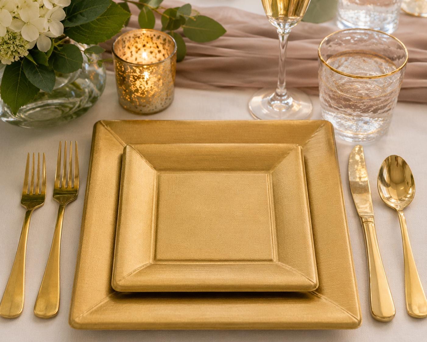 Gold Square Plate Set Disposable Dinner Plates & Dessert Plates Wedding Party Plates Bridal Shower Birthday Holiday Entertaining