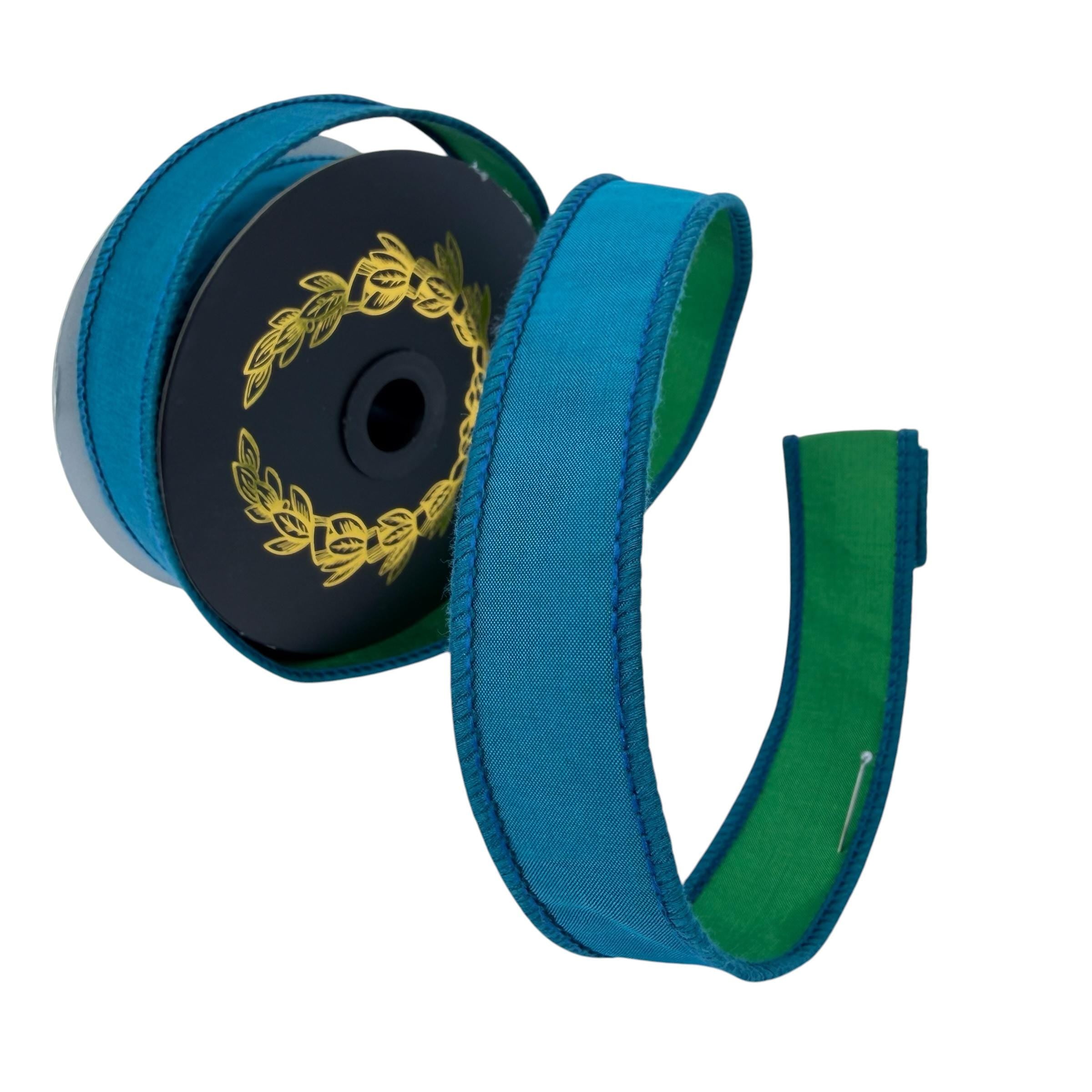 Teal Designer Wired Ribbon | Premium John Mark Taffeta Ribbon with Green Backing